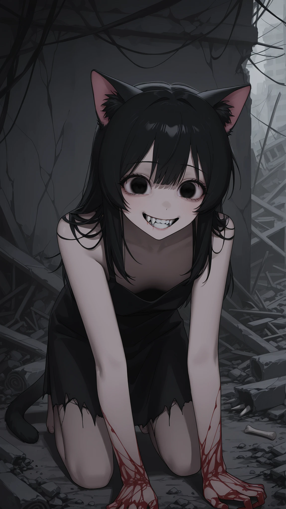 Horror character、Cat ears、tooth、smile、Scary but cute 、Colored、black hair、ruins、one girl、