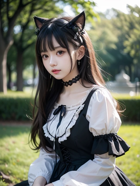 1girl with、9th class、Look at the viewer、smil、gothic lorita、White and black fluffy outfit、Just cute、