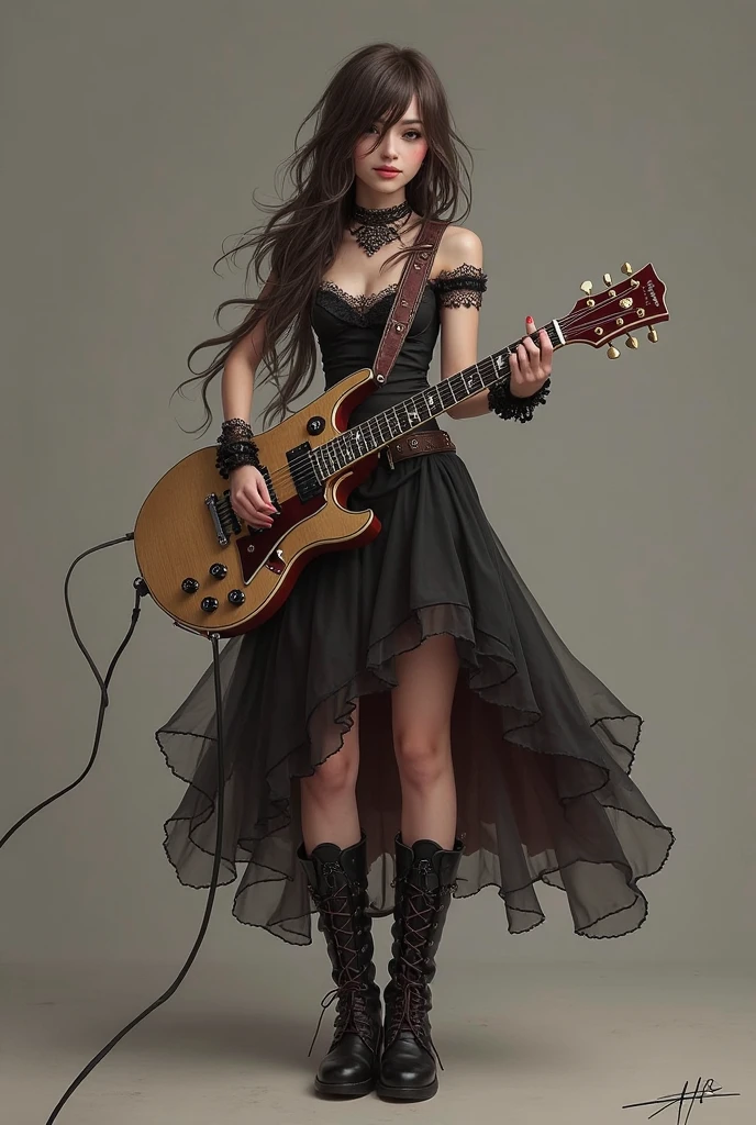 A fierce and edgy woman stands before you, dressed in a black dress with intricate lace and playful ruffles. She holds a guitar in her hands, ready to unleash her musical talents. Her striking makeup and dark hair add to her rebellious aura.