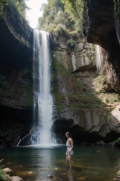3/4 from behind view, 20 year old female, light brunette hair, standing under a waterfall, dappled light, sun sparkling in the water droplets, misty rainbow, showering under the waterfall