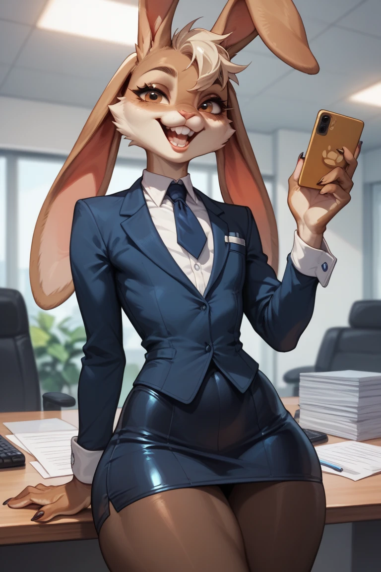 judyhopps, purple eyes, rabbit, rabbit ears, rabbit girl, (((black skirt suit))), (((three-piece suit))), (((dress shirt))), (((necktie))), (((blazer))), (((suit jacket))), (((black lapel))), ((waistcoat)), double-breasted waistcoat, (((satin bodycon miniskirt))), pocket square, cufflinks, tie clip, makeup, eyeshadow, mascara, eyeliner, sultry, blowjob, fellatio, deepthroat, facefuck, oral sex, high heels, cum on face, male tiger, size difference, short, squatting, bukkake, multiple penises, blowbang, cum covered, messy, cum on clothes, smile