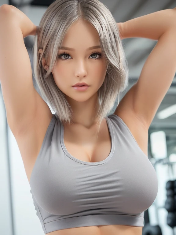 high detal, 8K分辨率, 超高分辨率, A young girl, A cute girl, shoulder-length short hair, Colorful clear eyes, Smooth hair, 鎖骨, Exquisite and perfect facial features, the most beautiful big eyes, Long eyelashes, The eyes are sweet and there are lying silkworms, ssmile, dynamic angle, Extreme picture quality, Highest accuracy, Precise and perfect human anatomy, Sport Tank Top, Open navel, Pronounced venturous line, Sports hot shorts, Stand up, Silver hair, butterfly hair ornaments, tahairband, Moles under eyes, Cat ears, Shy, Lick lip, Gothic art, Cinematic lighting, 4K, hyper HD, Masterpiece, High details,Full chest,爆乳,deep v big breasts,Sexy perspective