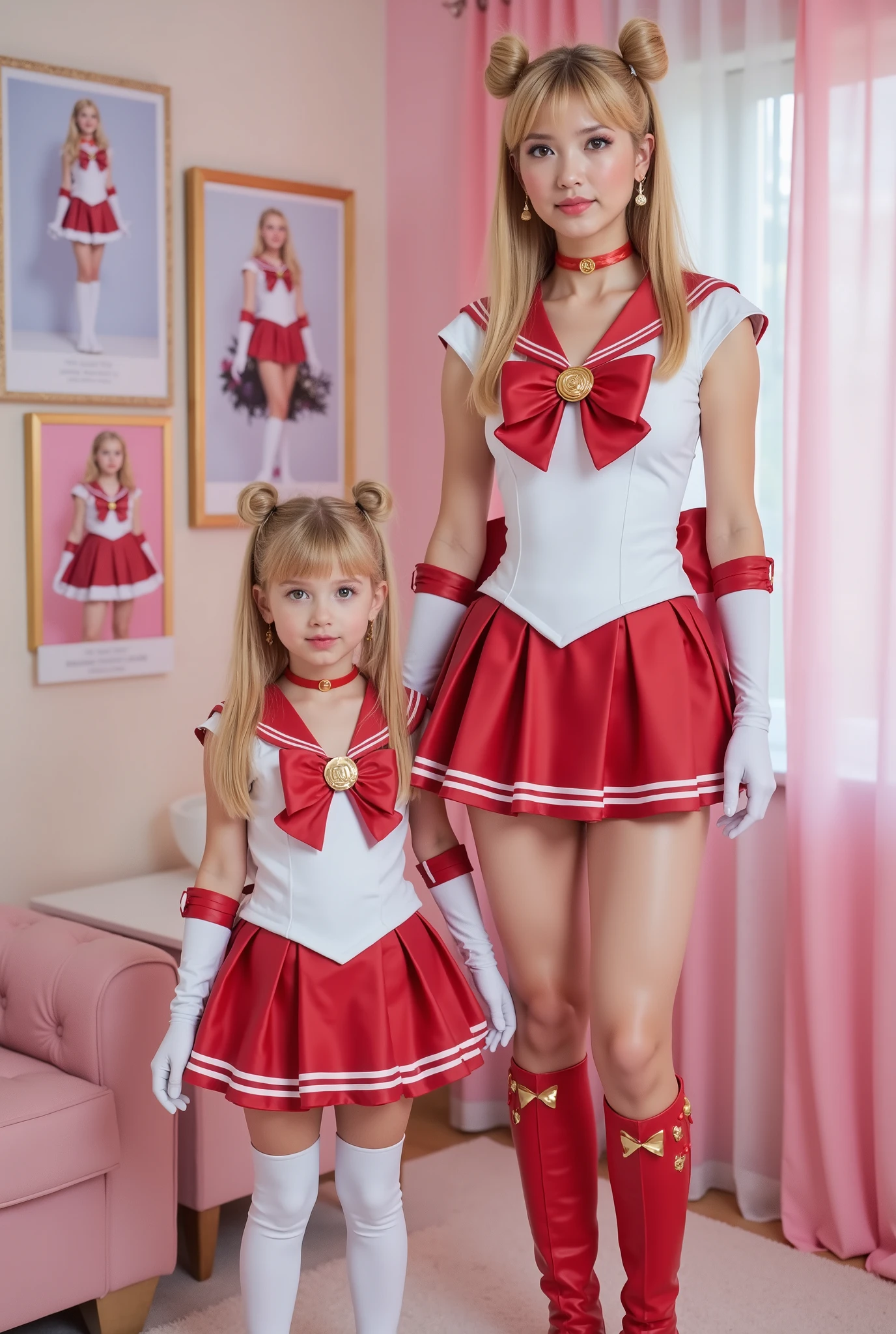Create a realistic photograph featuring a beautiful 20-year-old girl with fair skin, showcasing her very long straight blonde hair styled in two buns and twin tails. She is standing in a Sailormoon costume, alongside her young sister who is also dressed in a matching Sailormoon outfit, resembling a mini Sailormoon. The background should depict a cute, feminine room adorned with posters of them striking the same pose in their Sailormoon costumes.