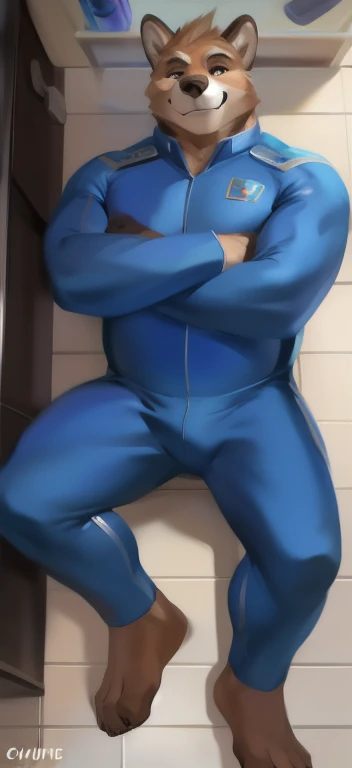 solo, male, tan and brown fur color, dog, german shepherd, muscular body bulid, (wearing a blue glossy tight spandex skinsuit morph suit zentai bodysuit), at a bedroom, detailed bulge, looking at viewer, by chunie by bcokami