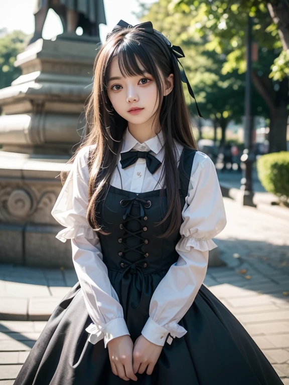Tabletop, Highest quality, 8K, 1 Girl, 20th Generation, whole body, alone, cute, Girlish, Delicate Gothic Lolita outfit, RAW Photos, Professional photography, Portraiture, Soft Light, Professional Lighting, Backlight, I look forward to seeing you, Sophisticated, Film Grain, (Eye and facial details:1.0), Medium length floating hair, Beautiful, flowing hair, bangs,