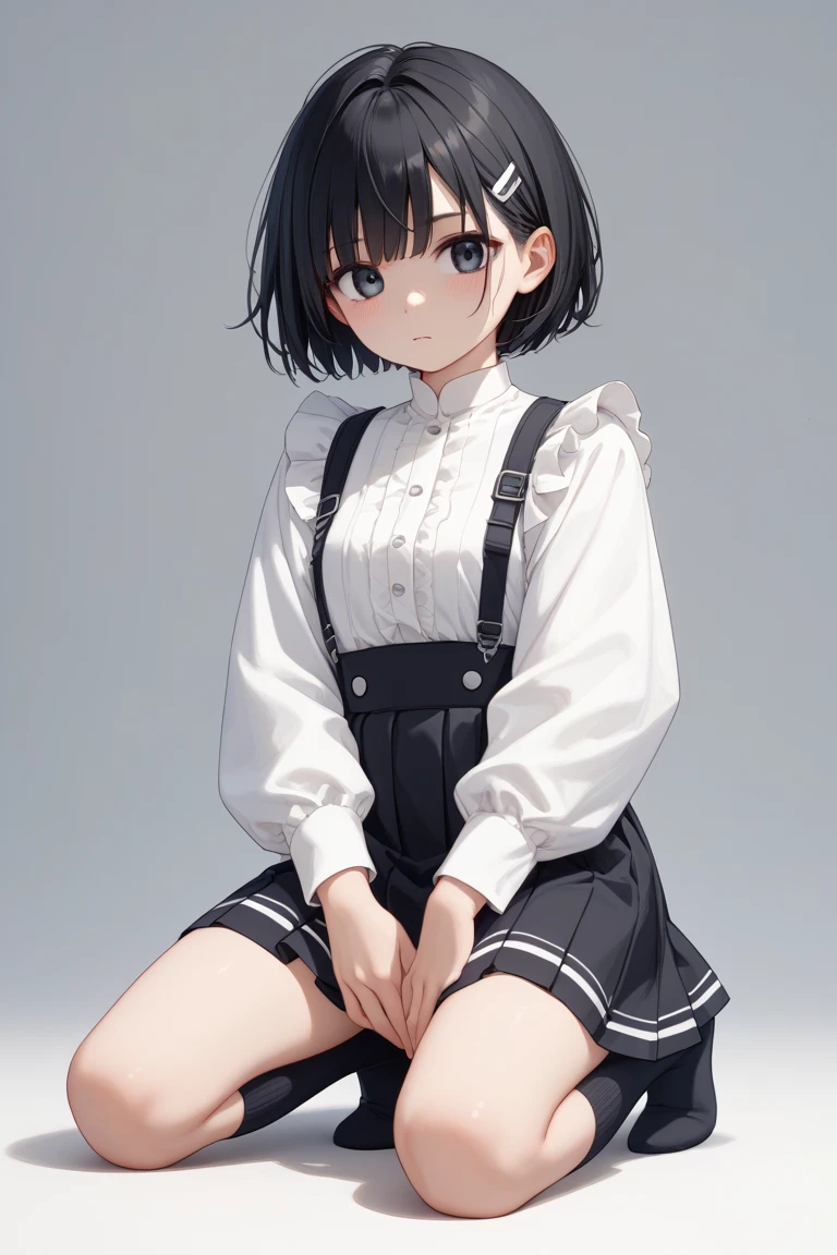((((((white background)))))),original,(illustration:1.1),(best quality),(masterpiece:1.1), extremely detailed 8K wallpaper, best quality, full body, solo, 1girl, bangs, (black hair:1.2), (wide blunt bangs:1.1), short hair, medium breasts, standing, school uniform, white background, no background,