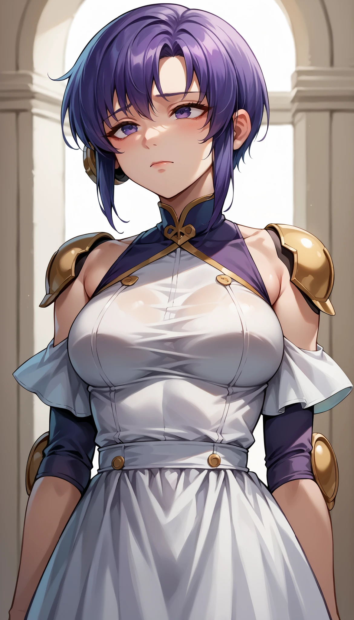 1 Female, simple background, white dress, dress with frills, shoulder out, See-through Ear Covers, Elbow pads, short hair, violet hair, upper body, medium breasts, closed his mouth,throw, extreme skirt roll, Up shirt, from_Down, Inside clothes , underwear, Midea, masterpiece, Best Quality, very Midea,Absard Dress, very detailed, newest, cloth background