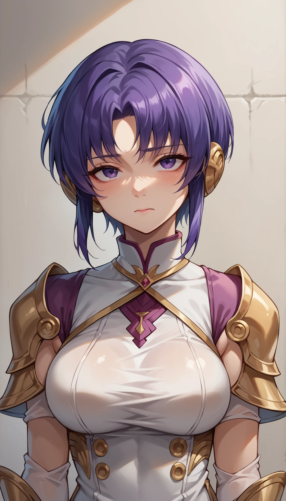 1 Female, simple background, white dress, dress with frills, shoulder out, See-through Ear Covers, Elbow pads, short hair, violet hair, upper body, medium breasts, closed his mouth,throw, extreme skirt roll, Up shirt, from_Down, Inside clothes , underwear, Midea, masterpiece, Best Quality, very Midea,Absard Dress, very detailed, newest, cloth background