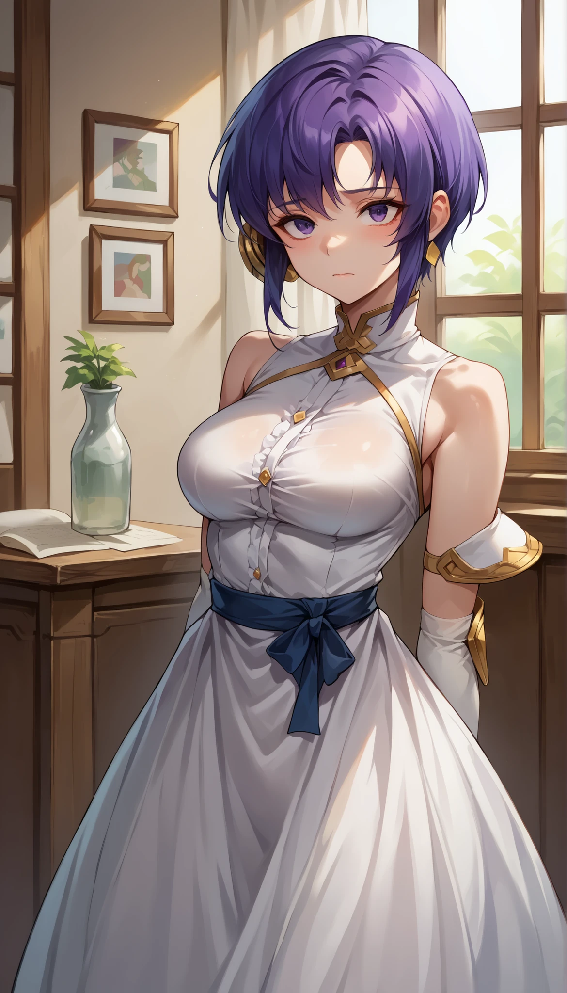 1 Female, simple background, white dress, dress with frills, shoulder out, See-through Ear Covers, Elbow pads, short hair, violet hair, upper body, medium breasts, closed his mouth,throw, extreme skirt roll, Up shirt, from_Down, Inside clothes , underwear, Midea, masterpiece, Best Quality, very Midea,Absard Dress, very detailed, newest, cloth background