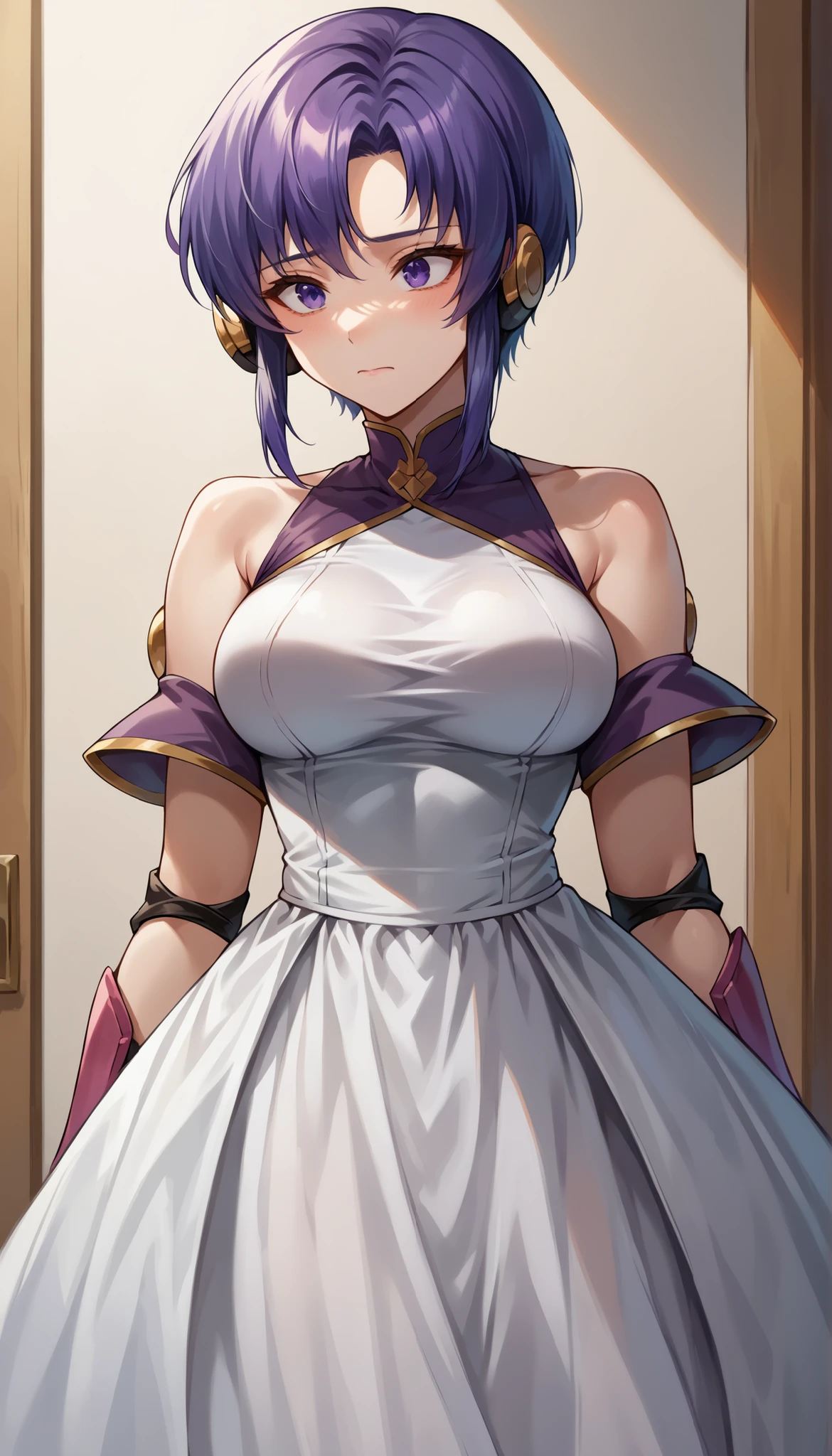 1 Female, simple background, white dress, dress with frills, shoulder out, See-through Ear Covers, Elbow pads, short hair, violet hair, upper body, medium breasts, closed his mouth,throw, extreme skirt roll, Up shirt, from_Down, Inside clothes , underwear, Midea, masterpiece, Best Quality, very Midea,Absard Dress, very detailed, newest, cloth background