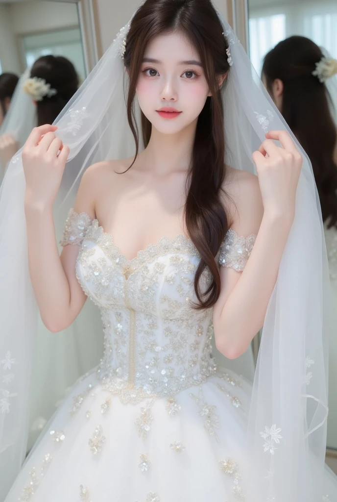Angelic Very beautiful cute girl,
15 yo,
Beautiful detailed eyes,
Detailed double eyelids,
(Large eyes:1.4),
Long straight brown hair,
see-through bangs,
Sharp Focus,
small straight nose,
beautiful detailed face and eyes,
drooping eyes,
(Soft Saturation: 1.2),
(Fair skin: 1.1),
BREAK (hyper gorgeous and very beautiful shiny pure white wedding dress :1.5),(designer brand wacky beautiful dress with the sparkle of countless diamonds :1.5),
Costume lighting,(body shot:1.2),standing ,church ,very beautiful stained glass window ,
Costume lighting,(clear-eyed:1.3)