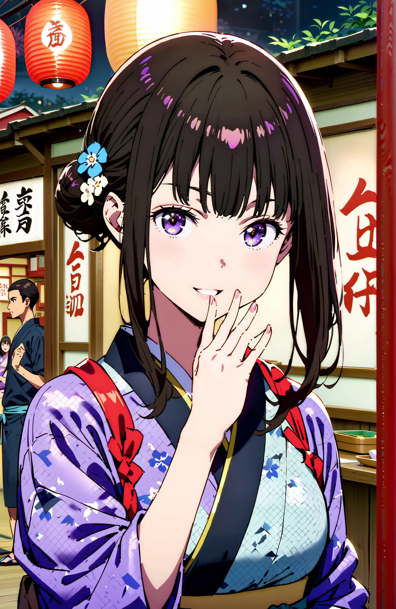 Takiuchikami, check it out, bungs, black hair with a young pattern, purple eyes,smile,cover,open your mouth,narrows her eyes,side lock,single bun hair,Medium breast,flower hair ornament,Blue flower pattern kimono,standing,Light up fireworks,Japanese stalls ,Red Lantern,night,full bodyがイラストに入るように,break outdoors, Japanese Festival,
break looking at viewer,full body,
break (masterpiece:1.2),Best Quality ,Kampala,unity 8k 壁紙,(shape:0.8),( fine and beautiful eyes :1.6),It's a person ,full body写真,CG Details , (perfect hand,complete anatomy),