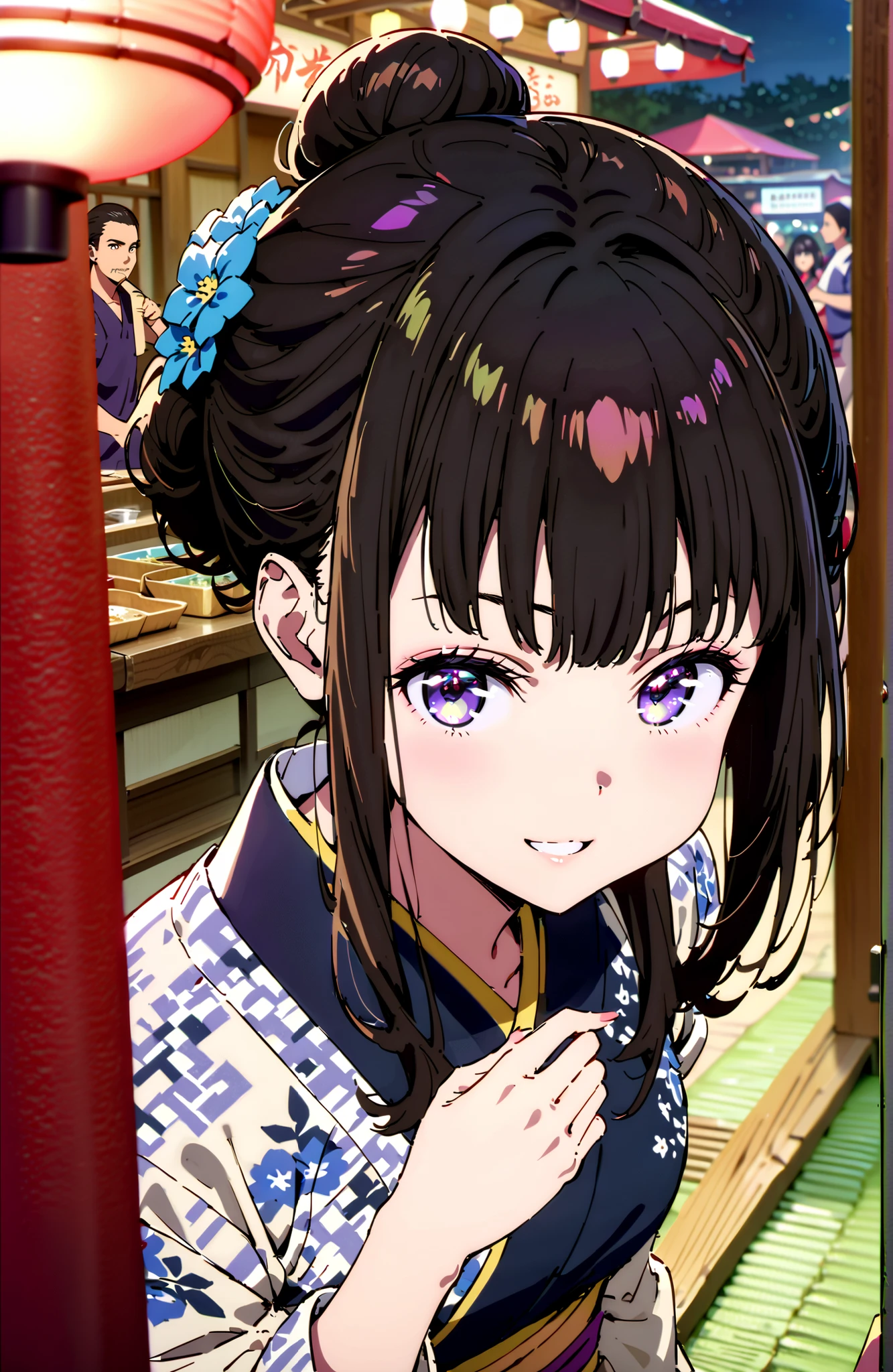 Takiuchikami, check it out, bungs, black hair with a young pattern, purple eyes,smile,cover,open your mouth,narrows her eyes,side lock,single bun hair,Medium breast,flower hair ornament,Blue flower pattern kimono,standing,Light up fireworks,Japanese stalls ,Red Lantern,night,full bodyがイラストに入るように,break outdoors, Japanese Festival,
break looking at viewer,full body,
break (masterpiece:1.2),Best Quality ,Kampala,unity 8k 壁紙,(shape:0.8),( fine and beautiful eyes :1.6),It's a person ,full body写真,CG Details , (perfect hand,complete anatomy),