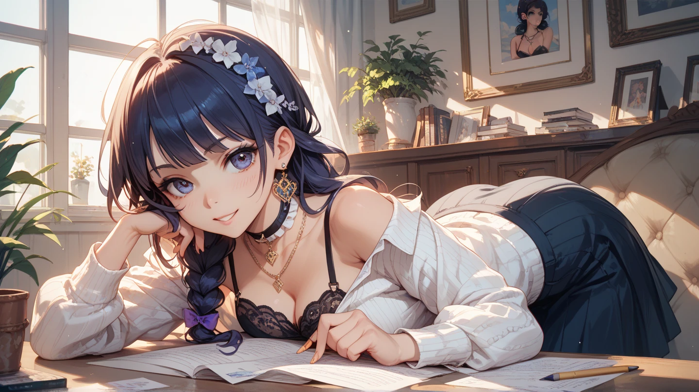 best、An ultra-high image quality、(lifelike、photorealistic)、instagram(photorealistic、High Definition:1.4)、maximum quality、solo、huge tits、indoors、seethrough、Misaligned floral bra、Side Tie T-Back、Sprawl、From above、Outstretched arms、anger、Bed、disheveled floral underwear、Rough breath、Sexual facial expressions、Kurokami、Long、