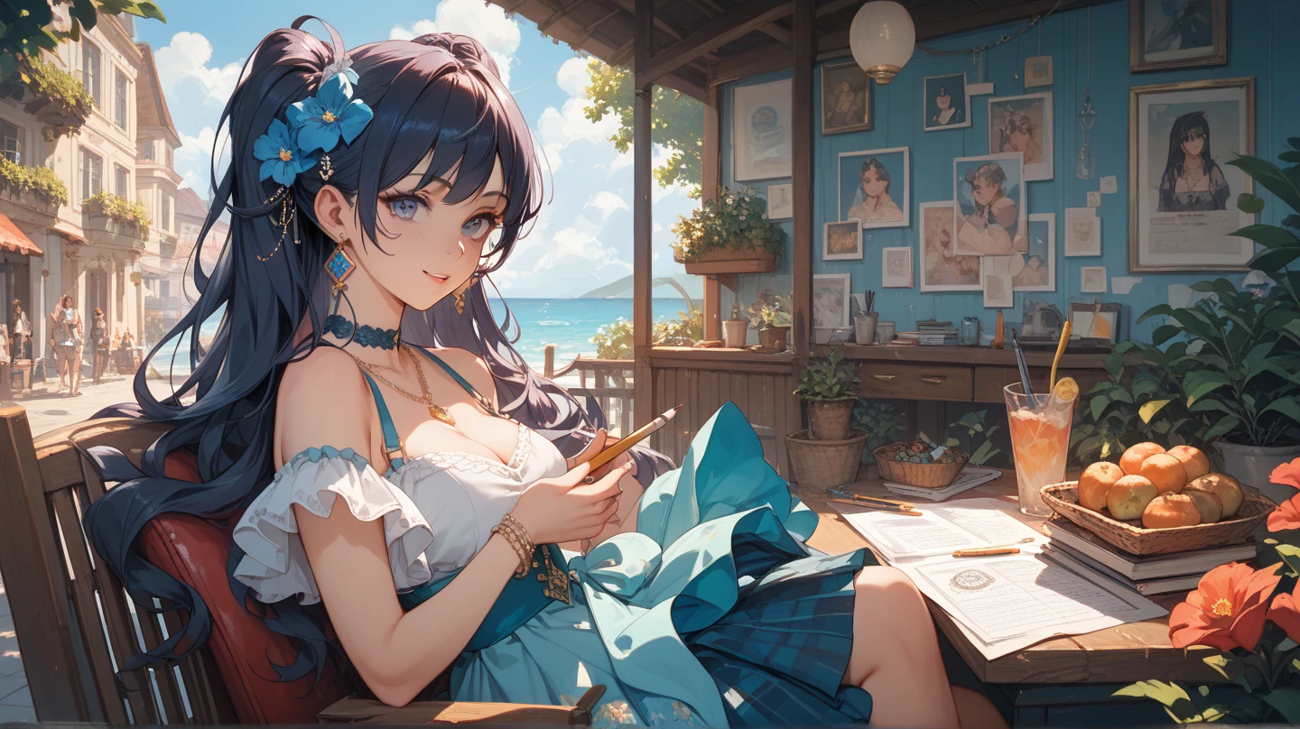 1 Female、young、Black and pink hair、Short Hair、Large Breasts、Showing cleavage、Show your shoulders、Close ~ eyes、is smiling happily、Sit on a chair、Reading、front、Upper Body、blue flower、Flower Field、sunny、blue sky、puddle、Reflective plate、White