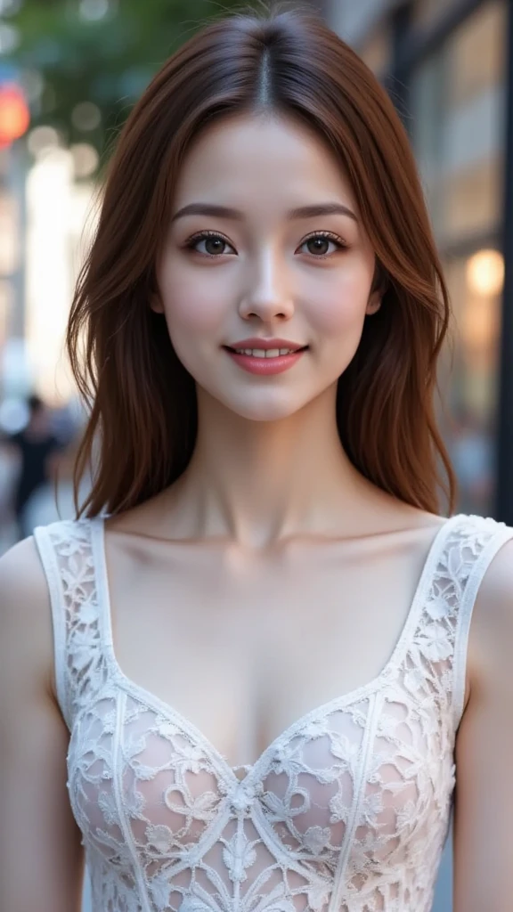 ((Top Quality, Masterpiece, 8K, Best Quality, Ultra High Resolution, Award Winning), (Accurate Anatomy: 1.1), (Look at Me and Smile: 1.1), Glowing White Skin in Ultra High Resolution, Most Detailed Face, Ultra High Resolution Detailed Face, Ultra High Resolution Hair, (Ultra High Resolution Glistening Eyes: 1.1), Beautiful Face in Every Detail, (Blurred (blurred background: 1.1), old ruins in the background, Enchanting cleavage、