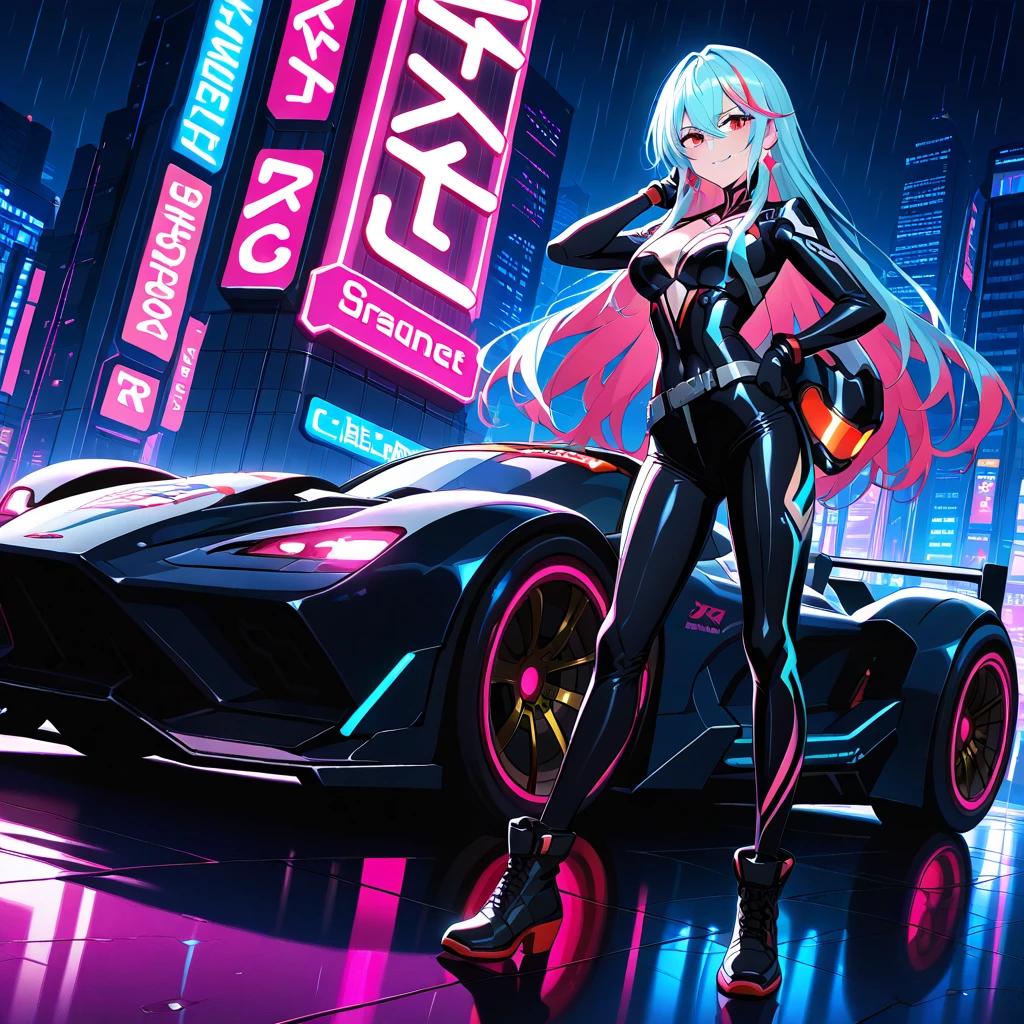 full body wide angle cinematic shot [standing on path leading to alien city under glass dome], surreal purple sky, (woman standing in front of vehicle:1.3), (vehicle focus:1.3), alien planet, surreal desert terrain, (pale, 24 years old, large covered breasts, cleavage, skinny waist, young European woman, futuristic fashionista:1.3), arm extended holding tablet, utility belt, watch, holographic map emitter, (Ovalshaped face, luminous complexion, aqua+ almond-shaped eyes, thin high arched eyebrows, small upturned nose, bow-shaped lips:1.2), (backlit sliced bob medium white hair:1.3), BREAK, formfitting high tech racesuit with neon magenta accents that highlight her silhouette, (Light Fiber Weave leggings:1.1) standing next to ((widebody+ cyberpunk+ rally offroad car) (style of (Giorgetto Giugiaro:1.4) (Gordon Murray) (Horacio Pagani:0.8))), opalescent paint, BREAK [alien sky], [magenta cloudy skies], [ringed planet in distance], dust trails, dust devil