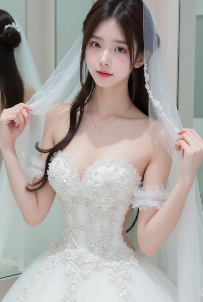 (Anatomically correct:1.3), (trying to cover his chest with his arms:1.1), (Professional portrait、Professional Writing)、Detailed、(8k, High resolution:1.2)、(RAW Photos, Realistic:1.3)、Slim figure、Delicate beautiful face、High resolutionの目、(Symmetrical pupils 1.2)、High quality and beautiful skin、Firm Skin、Natural Makeup、Gloss lips, High-definition hair texture、highest quality、masterpiece、Japanese women、、(Hair is tied:1.1), very cute, (detailed wedding dress:1.3)、(Very embarrassed:1.3), (blush:1.3), (Embarrassed look :1.3)、Staring at the camera:1.2, Luxury Bedroom、(medium breast, Nipples are slightly visible:1.2), Thin Necklace、Small earrings, (multiple angles:1.3)