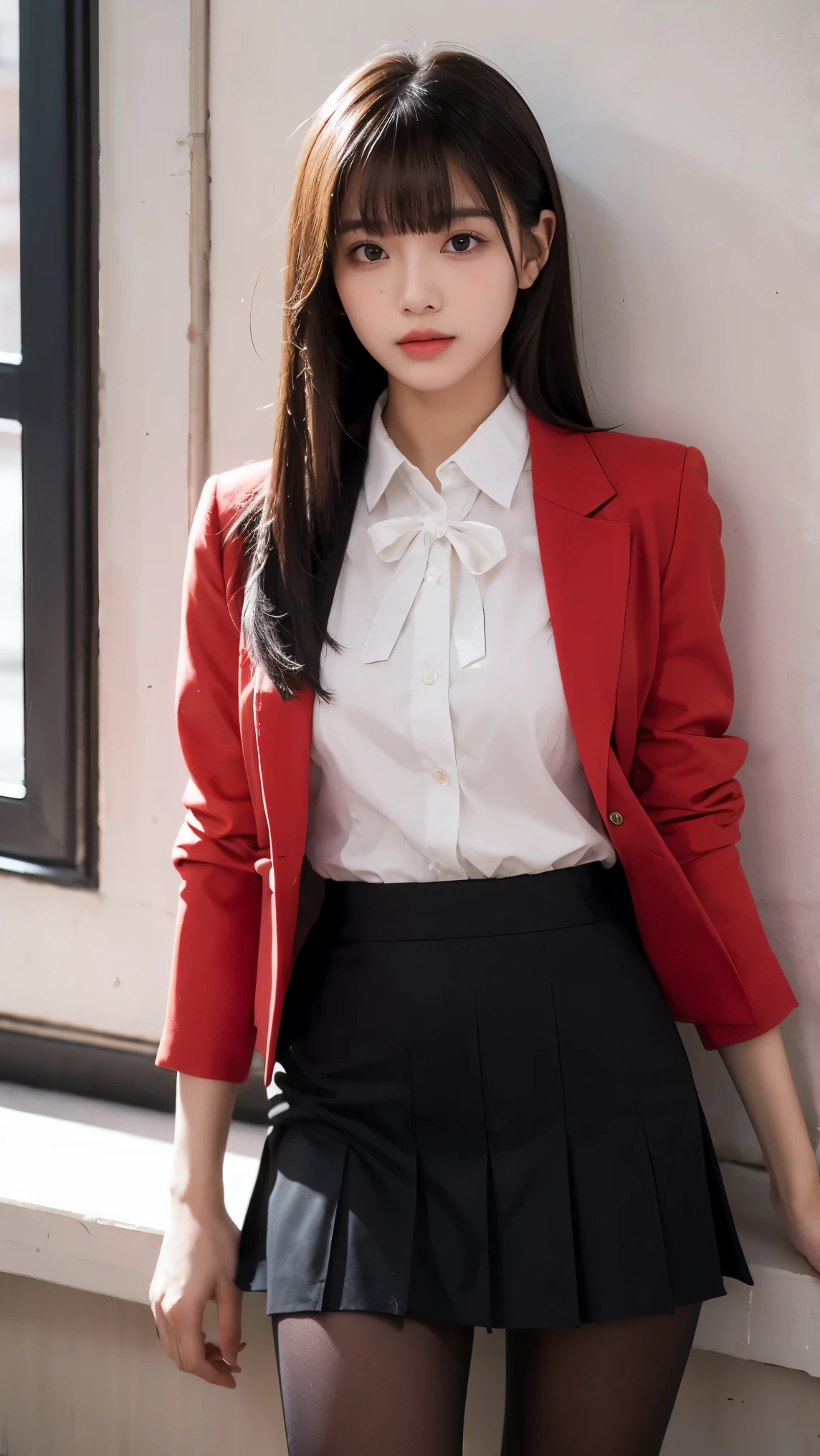 young woman、red tight miniskirt business suit、long red-brown hair、、good style、Micro mini skirt with slit、whole body、cool look