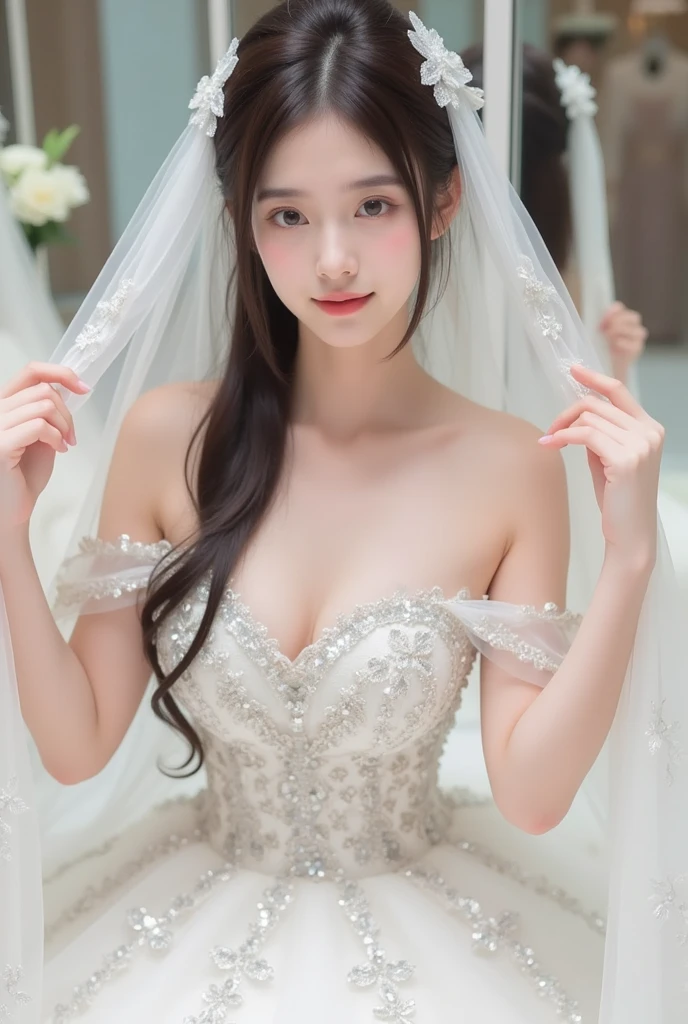 best quality, masterpiece, 1 girl, huge laugh, cute teen, shiny lips, sweet, sun glare, Conservative attire, Beaded bell-line wedding dress, white gloves, bouquet, bridal tiara, depth of field, blurred background, Cathedral Background, light particles, strong wind, head tilt, long hair,