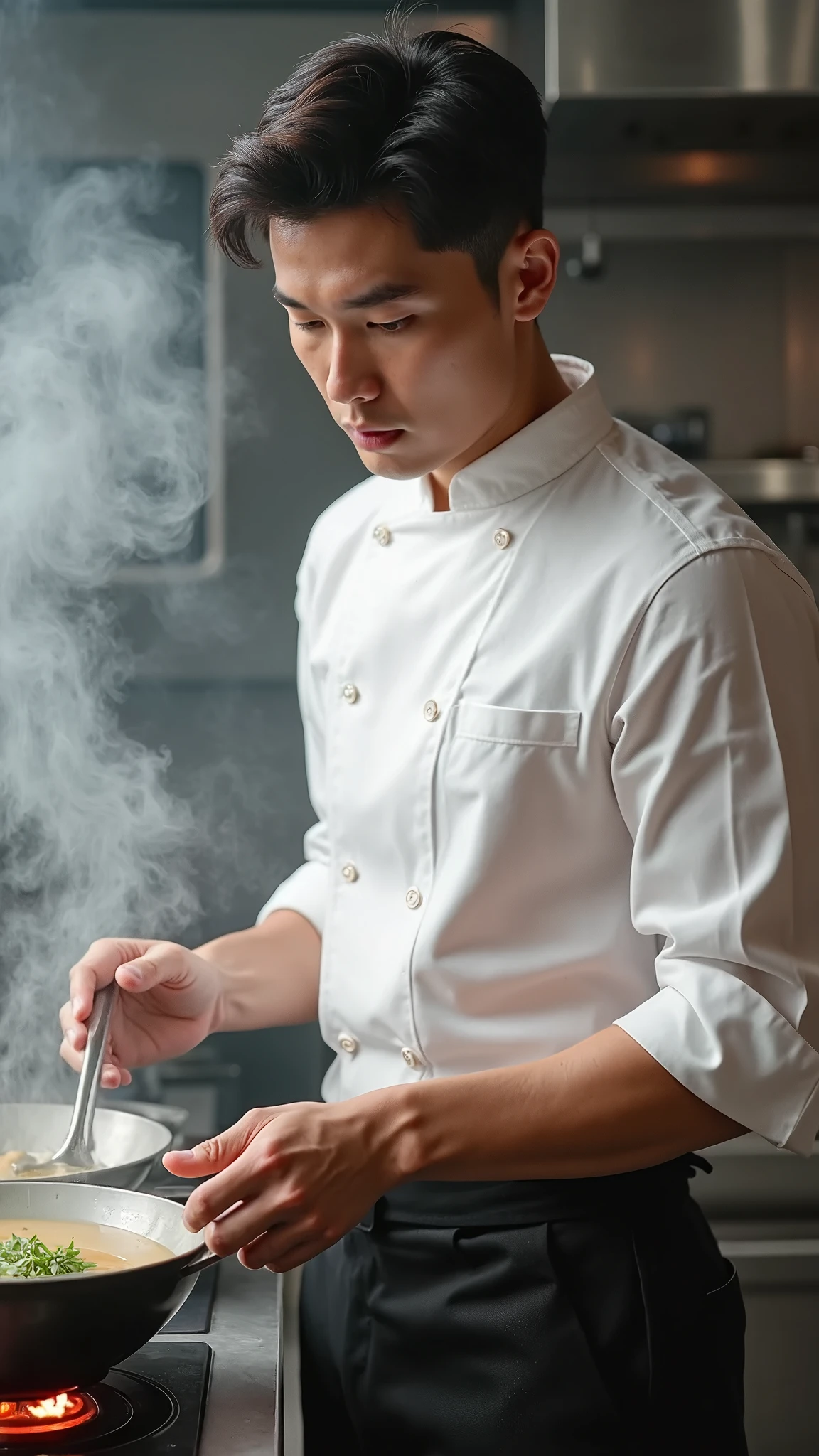 23-year-old handsome Korean chef, wearing crisp white dress shirt with top button undone (no skin shown), slim-fit black suit pants, rolling up sleeves to mid-forearm while stirring soup, subtle shoulder muscles visible through fabric, professional kitchen background with steam rising, soft side lighting accentuating jawline real