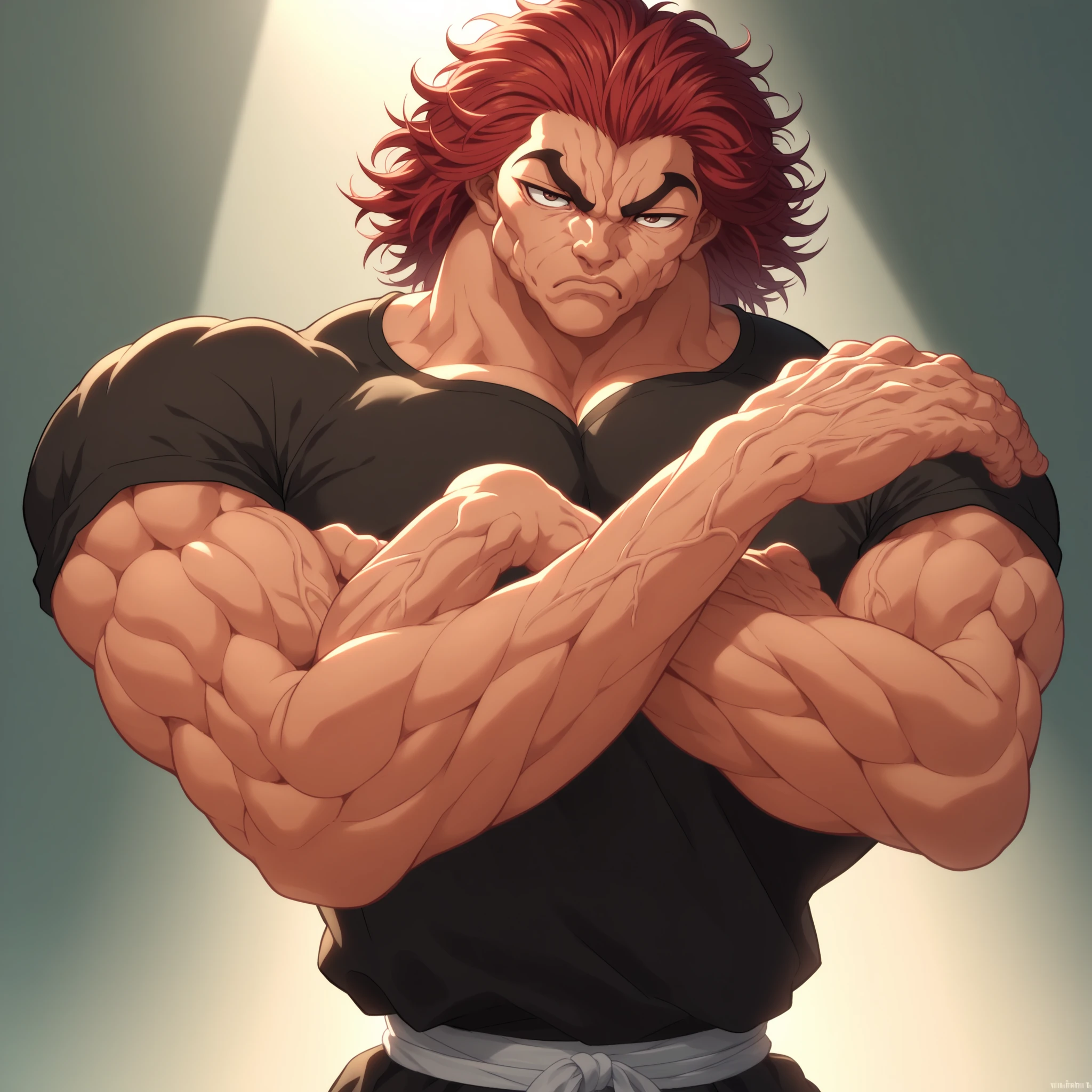 Dragon Quest drawing style, whole body.punctuation_9, punctuation_8_High above, punctuation_7_High above, Yujiro Hanma, 1 young boy, male focus, standing alone, black jersey,muscular male, Red hair, manly, venat, pHigh aboveils, eyes browns, dynamic lighting, extremely detaild,portraite, serious expression,very veiny,sheen.