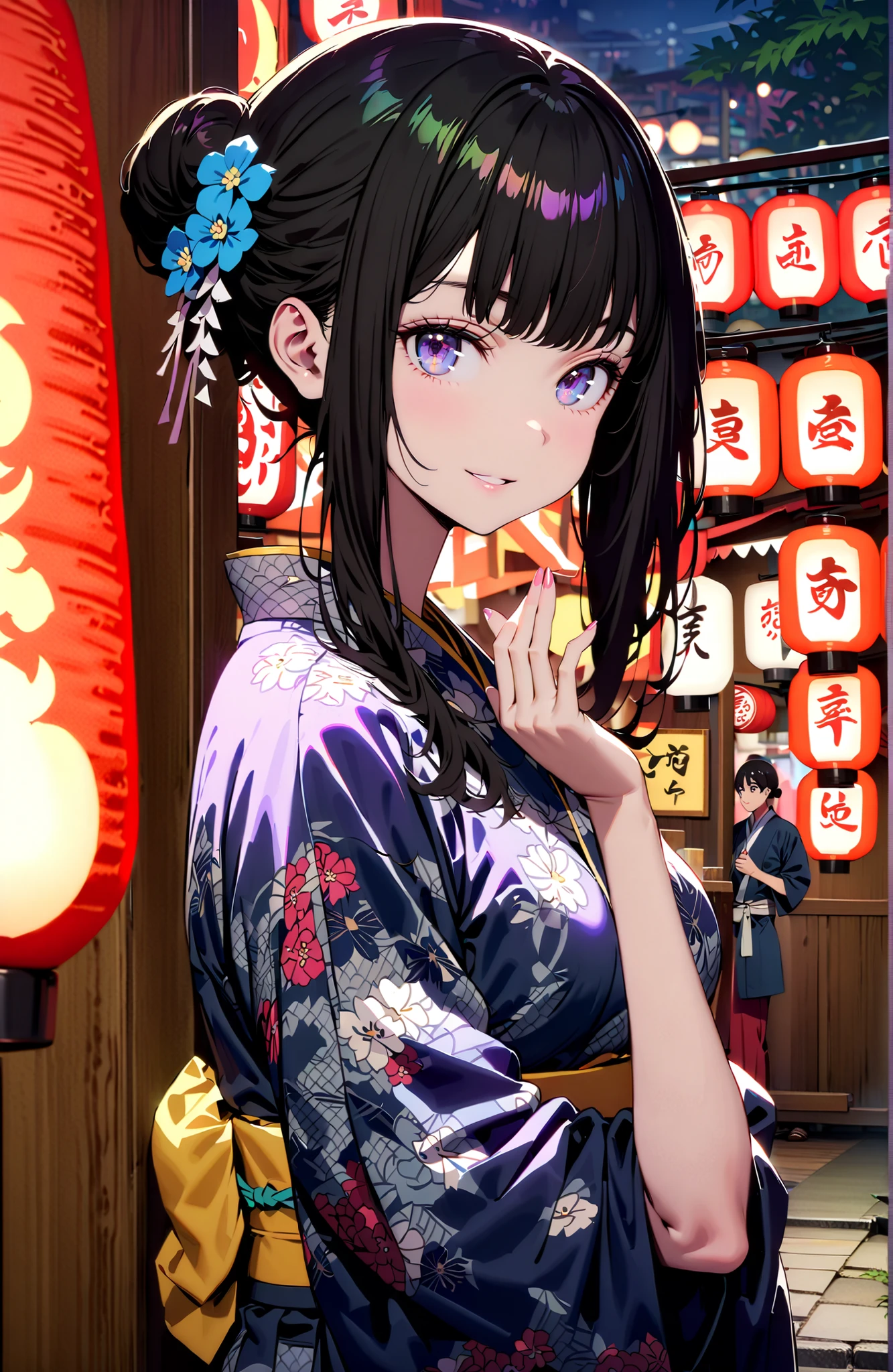Takiuchikami, check it out, bungs, black hair with a young pattern, purple eyes,smile,cover,open your mouth,narrows her eyes,side lock,single bun hair,Medium breast,flower hair ornament,Blue flower pattern kimono,standing,Light up fireworks,Japanese stalls ,Red Lantern,night,full bodyがイラストに入るように,break outdoors, Japanese Festival,
break looking at viewer,full body,
break (masterpiece:1.2),Best Quality ,Kampala,unity 8k 壁紙,(shape:0.8),( fine and beautiful eyes :1.6),It's a person ,full body写真,CG Details , (perfect hand,complete anatomy),
