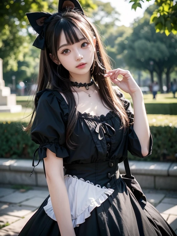 (Realistic, photo-Realistic:1.37), Unbelievably absurd, (Very detailed:1.3), 8K, (masterpiece), (Highest quality:1.4), (Ultra-high resolution:1.2), (RAW Photos:1.2), Very detailed背景, (unity 8K wallpaper), 1 nogizaka girl, very cute, (bishojo:1.35), (17yo:1.4 (white, Black and pink mine fashion), (Delicate and beautiful face, eye, skin), (Beautiful dress with intricate details), Gothic Maid, (Open chest), (Thick black shiny hair), (Elegant frills), (Blue rose hair accessory), (Smiling for the camera), whole body, Street view, Professional Lighting, 1 Girl, (Light pink hair)