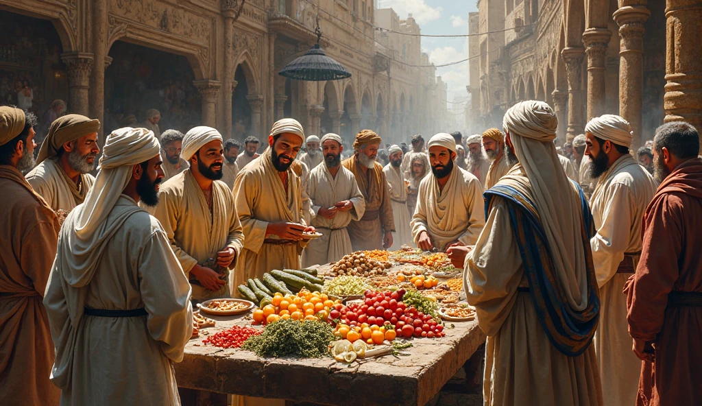 Two Muslim man are standing by a cart: one person is selling something, and the other person is buying it.







