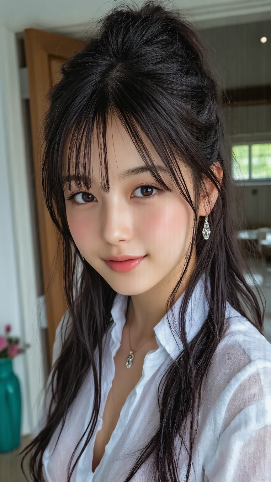 ((Highest quality、masterpiece、High resolution))、(((Zoom photo of upper body、Black Hair)))、(A shy smile:1.2)、One Woman、Beautiful Skin、Beautiful Eyes、Cleavage、Nurse uniform、Shorn bangs、ponytail、Breasts popping out of clothes