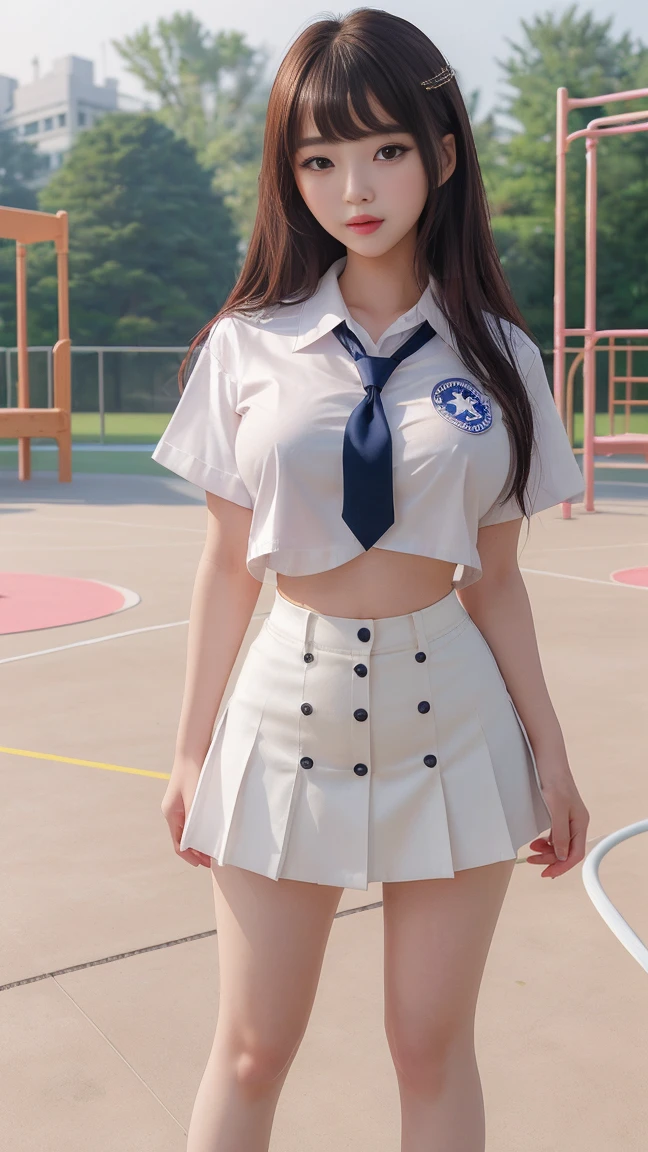 neat college girl, (school uniform, sailor uniform, ribbon tied at chest, summer uniform, upper body white, skirt is navy blue), outside the athletic field, (slim), photorealistic, detail, skin texture, ultra detail, delicate and sexy collarbone, smile, super detailed face, detailed lips, detailed eyes, double eyelids, small breasts, small breasts, small, flat breasts, breast emphasis