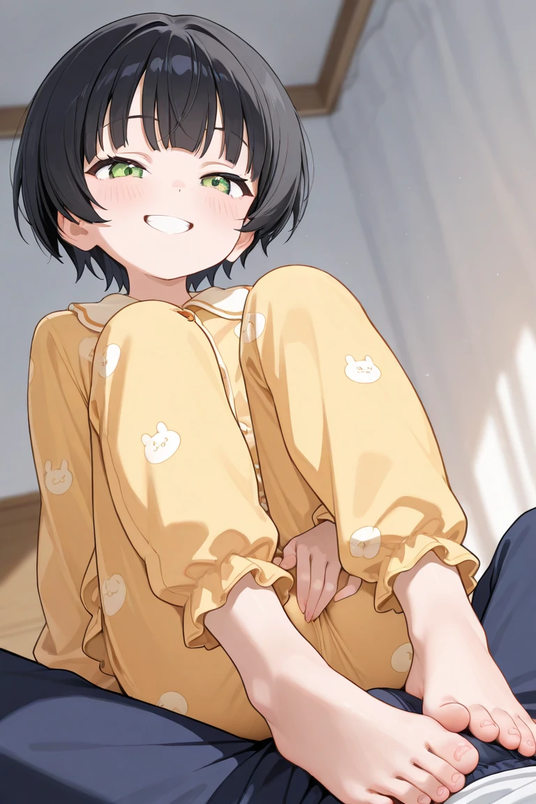 1male,1girl,{{man Stepping on the vagina with one foot}}Lying on your back, Close ~ eyes,oegasm,Dripping saliva,Cramp,in heat,yellow pajamas,Brown Hair, short hair, ponytail,Flat Chest,