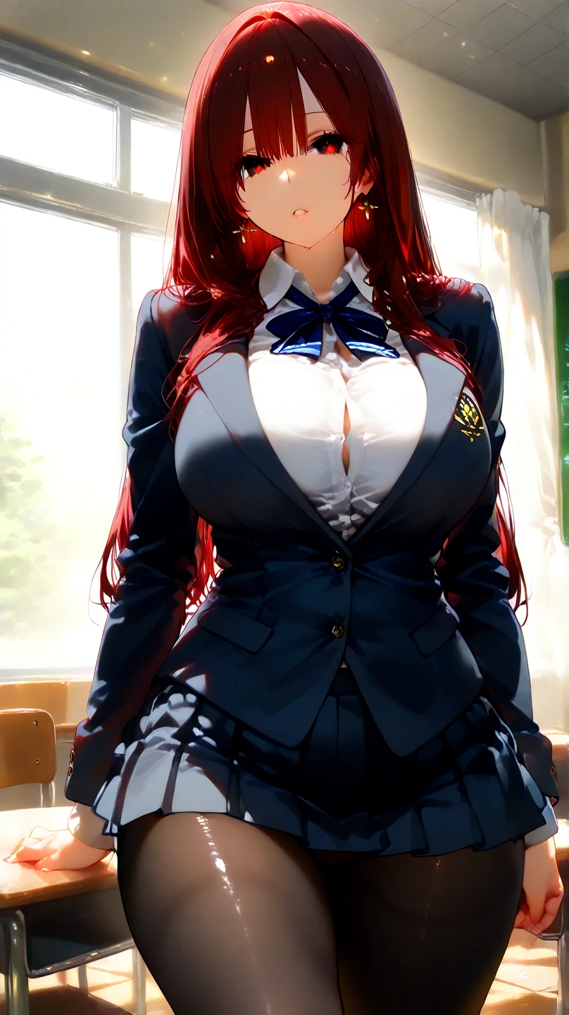 masterpiece, best quality, highres, best quality, highres, rias gremory, 1girl, long hair, school uniform, unbuttoned shirt, red hair, ahegao, blue eyes, large breasts, very long hair, breasts, skirt, huge ahoge, socks, nsfw