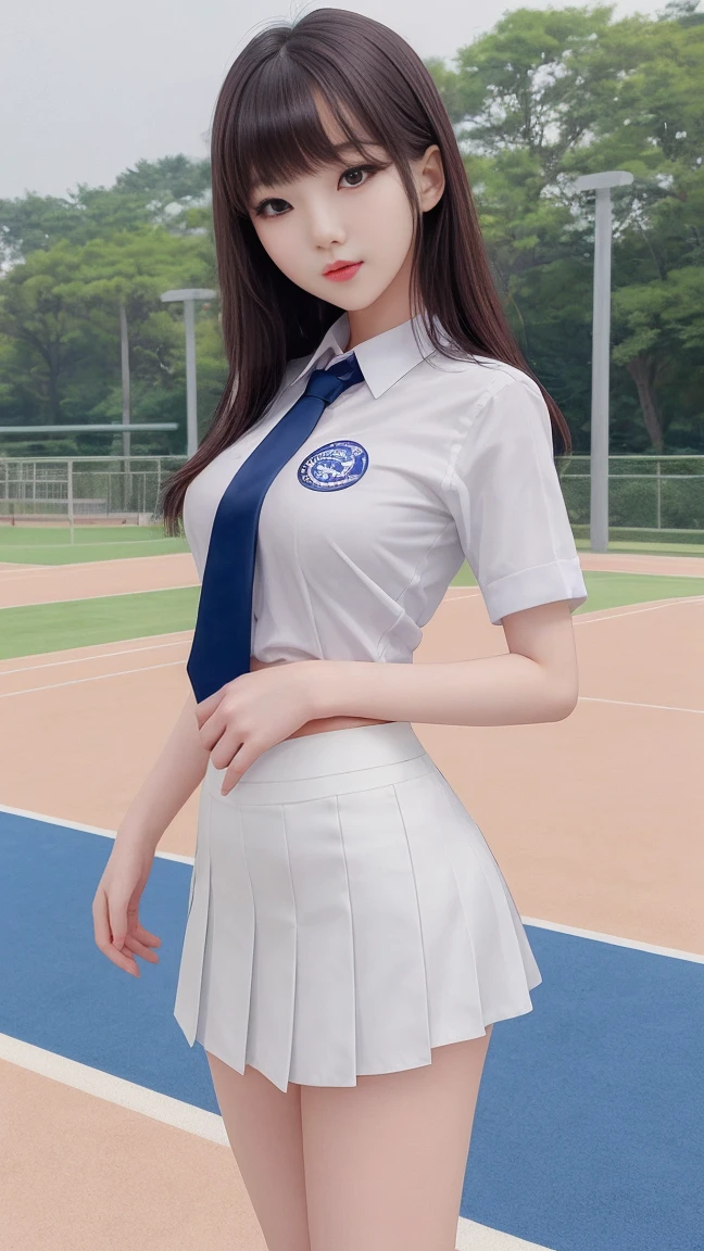 Highest quality、Highest quality、16K quality、Highly detailed figure、Highly detailed face、Highly detailed eyes、Highly detailed nose、Highly detailed facial expressions、Highly detailed full body、Being in reality、16-year-old girl、main character、white、Short sleeves、Round neck、The school emblem is on the left chest.、Gymnastics uniform T-shirt、Dark blue shorts、Gym shorts、Close to the skin、Tight、16 year old girl's breasts、Full body photo、Are standing、Emphasizes the beauty of thigh muscles、Full body photo、black tights、School classroom、Front view