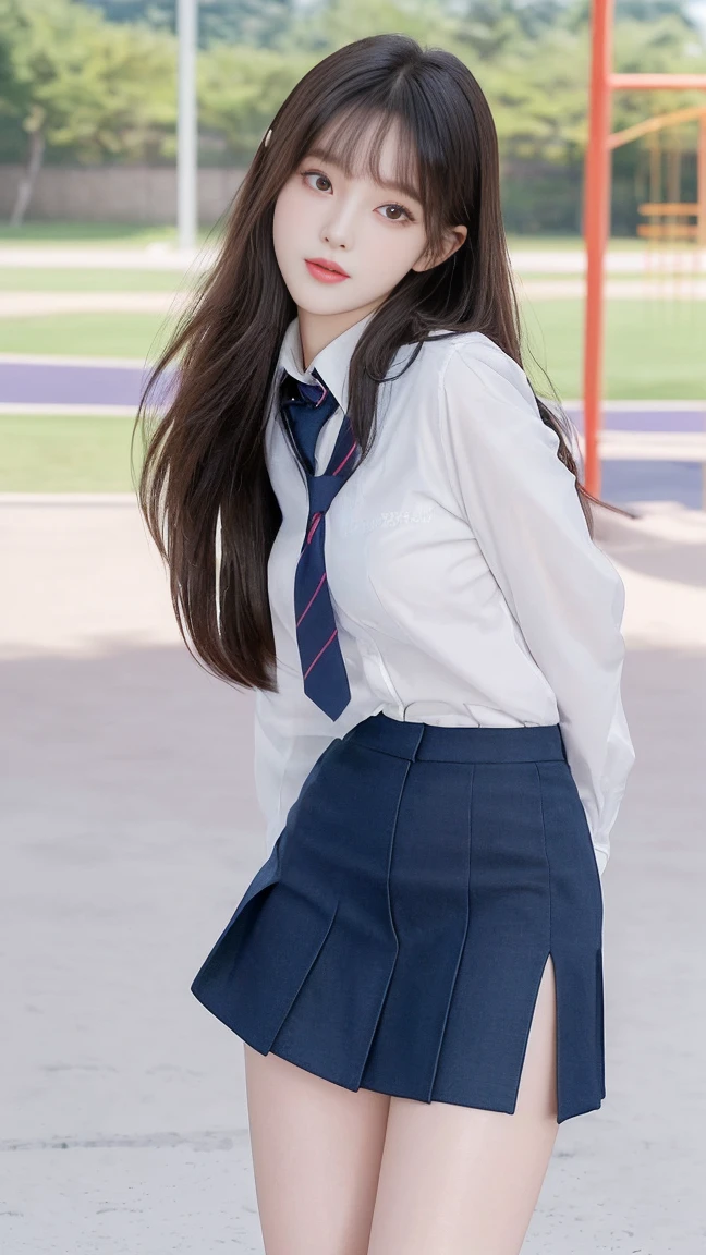 girl who looks like bella thorne, (school uniform:1.4), (schoolyard:1.2), a photorealistic portrait of a stunningly beautiful woman with detailed make-up, extremely detailed eyes, detailed symmetric realistic face, extremely detailed natural texture, messy hair, masterpiece, extremely detailed, (school uniform:1.3), (schoolyard:1.5), amazing, fine detail, rich colors, hyper realistic lifelike texture, dramatic lighting, trending on artstation, looking at the viewer, photo realistic, RAW photo, purple hair, (long hair), high quality, sharp focus, extremely detailed, cinematic lighting, 8k uhd, ab, Best quality, masterpiece, ultra high res, (photorealistic:1.4), 1girl, shiny skin, Best quality, masterpiece, ultra high res, (photorealistic:1.4), 1girl, deep shadow, shiny skin, Gorgeous 18-year-old woman resembling Bella Thorne, short bangs, soft pale skin, eyeshadow, dark mascara, 