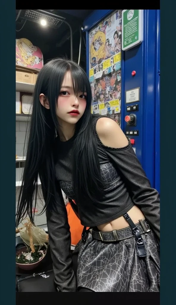 Korean girl with short black hair, straight and with bangs. Ulzzang girl with gothic style and soft face. She is dressed as a cowgirl with a cowboy hat. He has black hair with bangs and pale skin.. gothic korean ullzang. She is wearing a white blouse.