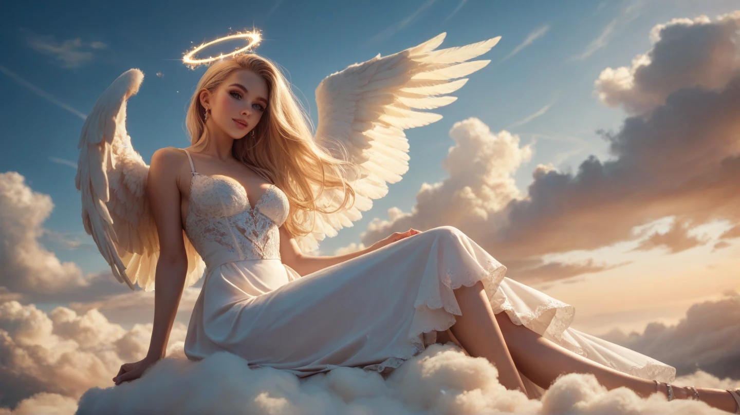 Blonde angel girl, teenager face, long curly hair, blue eyes, bright white wings, well endowed, big tits, round ass, dressed in an open ethereal white dress, with the tits out, squatting with legs apart, showing her shaved vagina, sweet and heavenly expression, heavenly environment with clouds and golden light, NSFW