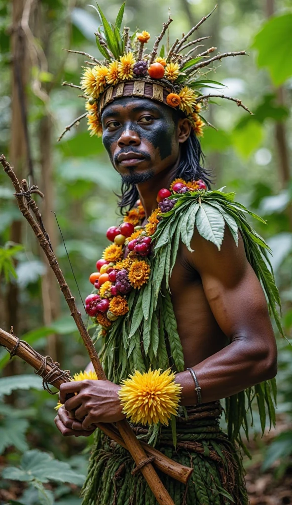 A dark-skinned Latino man in the jungle made of lush plants A man made of fresh plants A man made of fresh plants from the Amazon Brazil