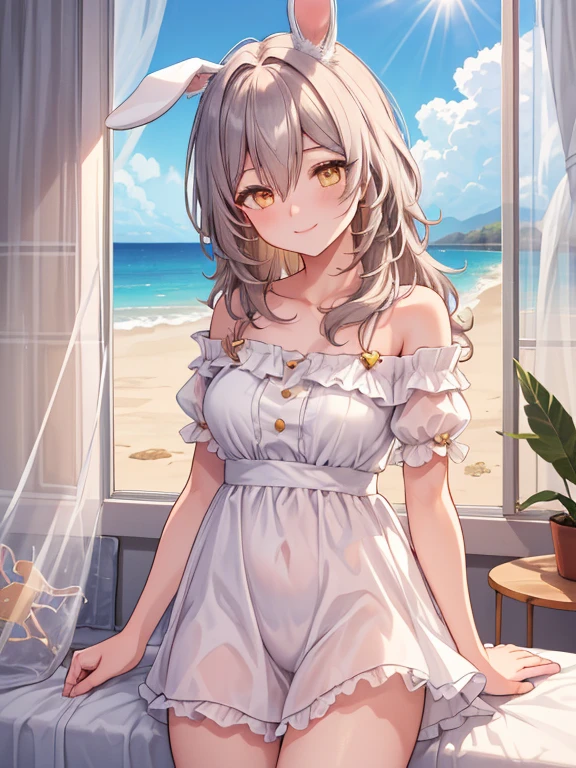 Azur Lane、ayanami、whole bodyポートレート、ponytail、High resolution、Big and ample breasts、Naughty body、See-through、throw、、whole body、Look up at me、A kind smile、Are crying、blush、White Skirt、Micro Mini Skirt、Very short skirt、Very large breasts、Show me your breasts、Straw hat、White Dress、Sandy Beach、sunset、Madder sky、sunset beach、Seaside、White Sandals、