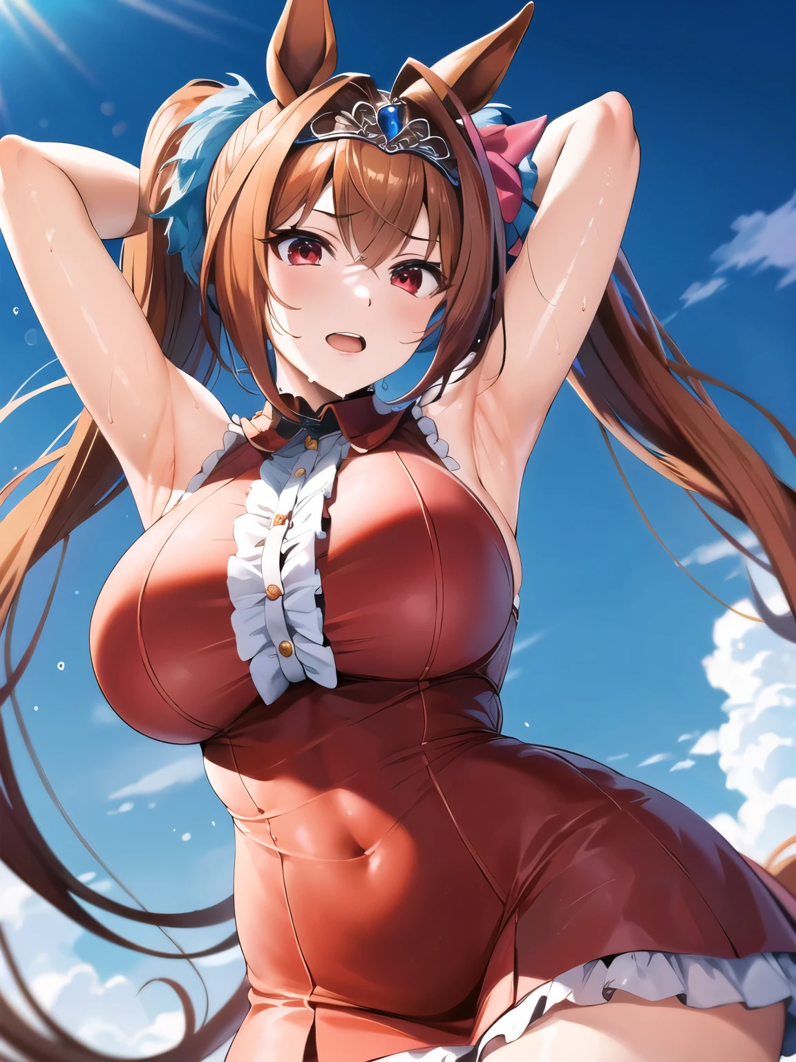 (perfect body),highest quality,(8K portrait),(anime screen cap)(((daiwa scarlet)))、blush,Sweat,((big breasts)),(thick thighs),((((black micro strapless leotard))))、Uma Musume、horse ears、horse tail((laughter))、cowboy shot、show teeth、(((put your hands behind your head)))、((armpit))、((leaning forward))、
