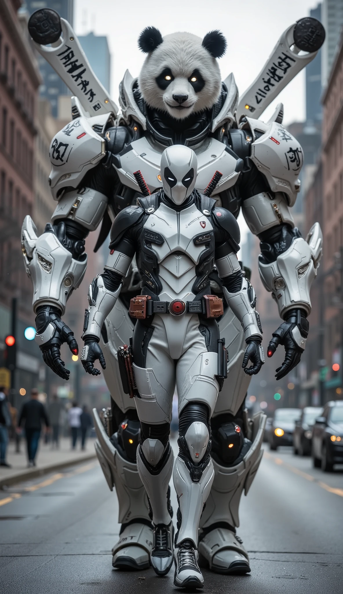 AI Prompt:
Deadpool wears a sleek white version of his iconic suit, accented with matte black details on his arms, shoulders, gloves, and around the eyes. The suit is crafted from textured tactical fabric, with visible armor plating and reinforced seams. He walks forward with a cool, composed posture, his head tilted slightly with a smirk of confidence. Twin katanas with white-wrapped hilts are crossed on his back, and a compact silver pistol is secured at his thigh.
Behind him follows a 9-foot-tall humanoid panda bodyguard, with white and black fur stylized to match Deadpool’s white costume. Its body is muscular and upright, wearing minimal obsidian-colored armor on the shoulders and forearms. The panda holds a massive white energy staff with glowing black symbols, and its eyes glow faintly with white light, radiating silent strength and protection.
The scene takes place on a quiet modern city street, with tall buildings in the background. Natural lighting highlights every texture, casting soft, realistic shadows. Captured in a medium full shot, the image shows Deadpool and his towering white-armored panda protector in ultra-realistic cinematic style.