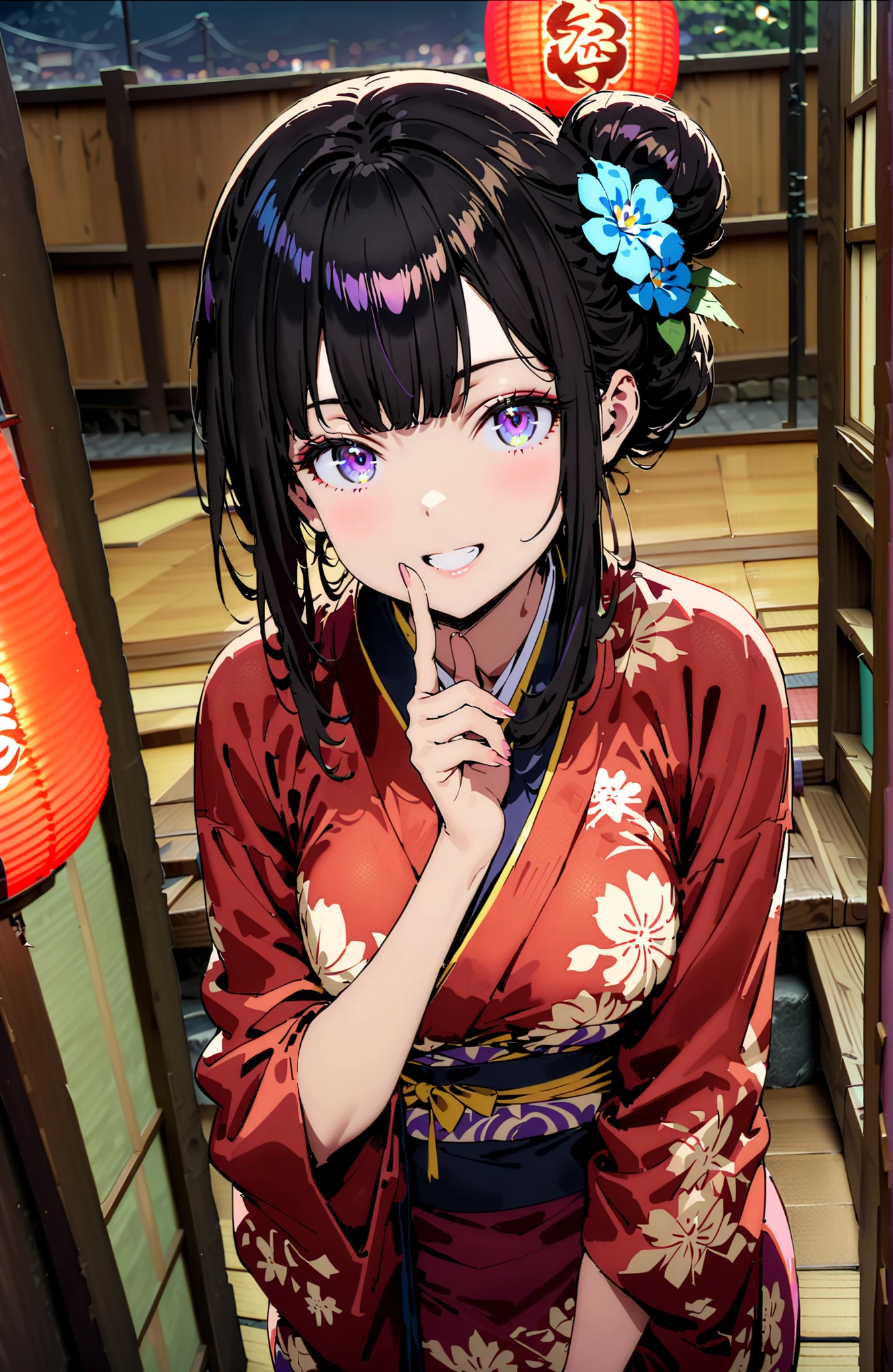 Takiuchikami, check it out, bungs, black hair with a young pattern, purple eyes,smile,cover,open your mouth,narrows her eyes,side lock,single bun hair,Medium breast,flower hair ornament,Blue flower pattern kimono,standing,Light up fireworks,Japanese stalls ,Red Lantern,night,full bodyがイラストに入るように,break outdoors, Japanese Festival,
break looking at viewer,full body,
break (masterpiece:1.2),Best Quality ,Kampala,unity 8k 壁紙,(shape:0.8),( fine and beautiful eyes :1.6),It's a person ,full body写真,CG Details , (perfect hand,complete anatomy),