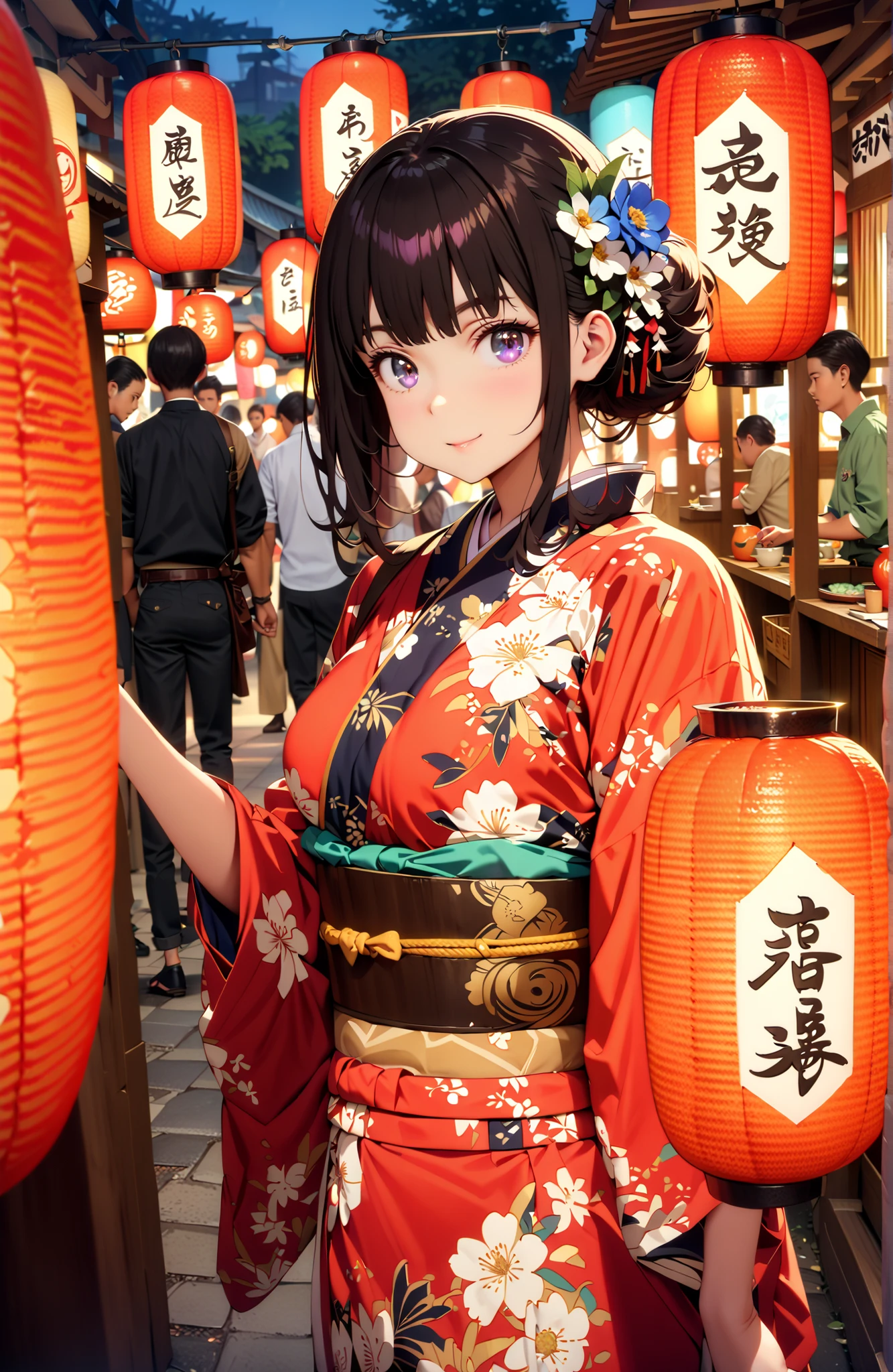 Takiuchikami, check it out, bungs, black hair with a young pattern, purple eyes,smile,cover,open your mouth,narrows her eyes,side lock,single bun hair,Medium breast,flower hair ornament,Blue flower pattern kimono,standing,Light up fireworks,Japanese stalls ,Red Lantern,night,full bodyがイラストに入るように,break outdoors, Japanese Festival,
break looking at viewer,full body,
break (masterpiece:1.2),Best Quality ,Kampala,unity 8k 壁紙,(shape:0.8),( fine and beautiful eyes :1.6),It's a person ,full body写真,CG Details , (perfect hand,complete anatomy),