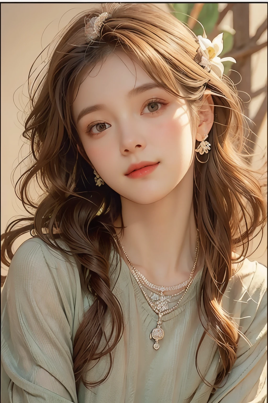 (delicate oil painting of a beautiful woman), rough touch, (small smile with a calm, gentle and bright expression), ((silver grey brown almost straight medium long hair!!)), ((close up)), shiny skin, glossy lips, ((casual pastel winter outfit)), (winter knitted sweater), (smart figure), small necklace, soft winter sunlight, small spring flowers of various colours, young leaves on a tree, impressive portrait, use of contour lines, clean line drawing, fine and intricate details, bright primary colours used partially as accents, fine and intricate details, (Alphonse Mucha composition style), muted colours, impressionist style, Art Nouveau frame,