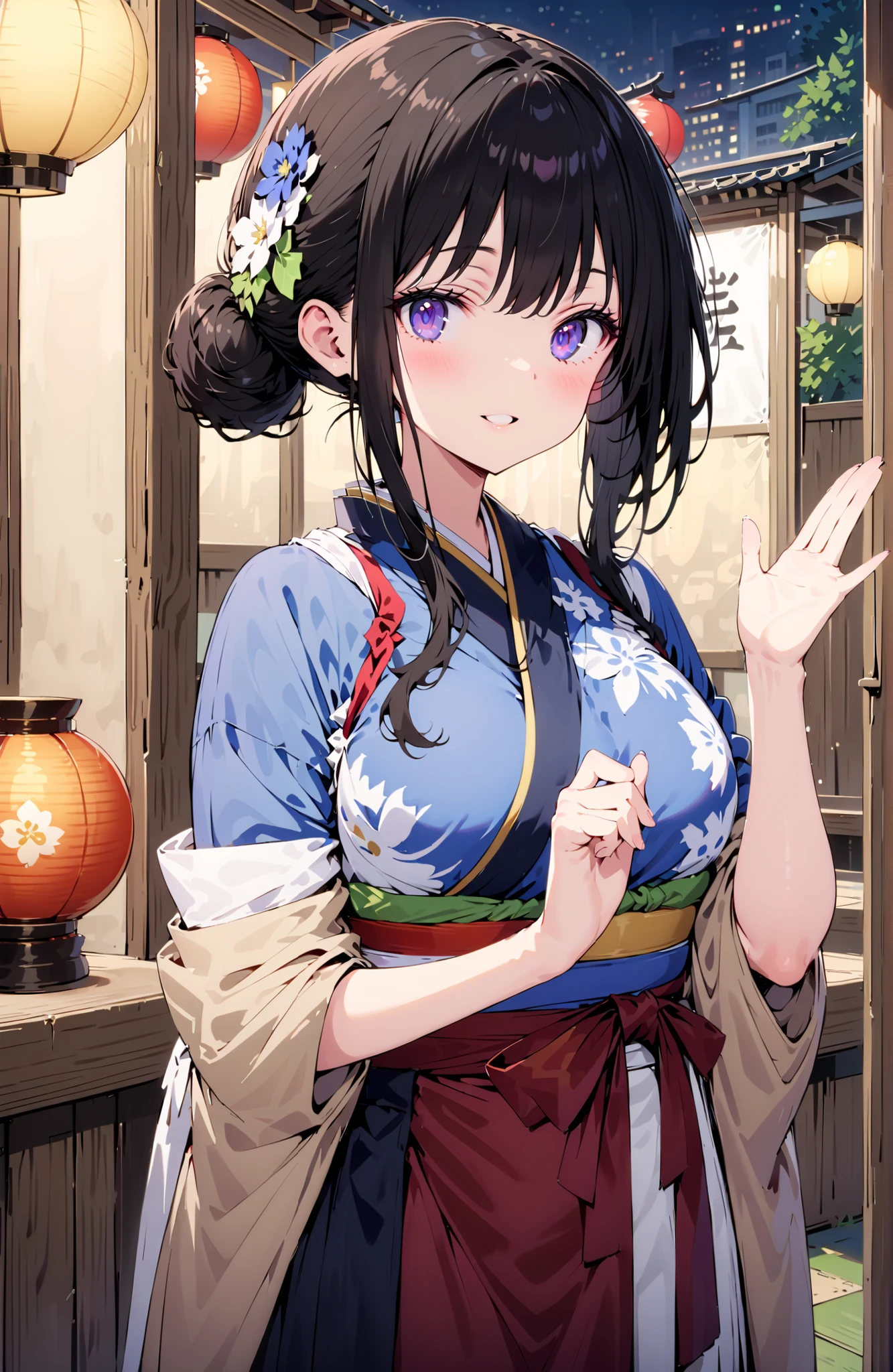 Takiuchikami, check it out, bungs, black hair with a young pattern, purple eyes,smile,cover,open your mouth,narrows her eyes,side lock,single bun hair,Medium breast,flower hair ornament,Blue flower pattern kimono,standing,Light up fireworks,Japanese stalls ,Red Lantern,night,full bodyがイラストに入るように,break outdoors, Japanese Festival,
break looking at viewer,full body,
break (masterpiece:1.2),Best Quality ,Kampala,unity 8k 壁紙,(shape:0.8),( fine and beautiful eyes :1.6),It's a person ,full body写真,CG Details , (perfect hand,complete anatomy),