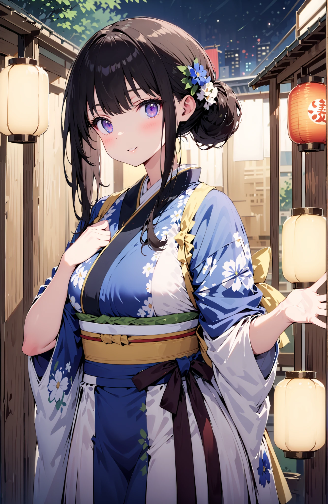 Takiuchikami, check it out, bungs, black hair with a young pattern, purple eyes,smile,cover,open your mouth,narrows her eyes,side lock,single bun hair,Medium breast,flower hair ornament,Blue flower pattern kimono,standing,Light up fireworks,Japanese stalls ,Red Lantern,night,full bodyがイラストに入るように,break outdoors, Japanese Festival,
break looking at viewer,full body,
break (masterpiece:1.2),Best Quality ,Kampala,unity 8k 壁紙,(shape:0.8),( fine and beautiful eyes :1.6),It's a person ,full body写真,CG Details , (perfect hand,complete anatomy),