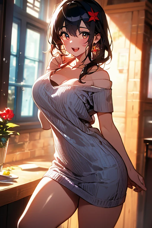 masterpiece, yor, 1girl, Amazing Cleavage:1.3, thin waist, big ass, Raised sexy, medium breast: 1.8 posed cleavage:1.2、solo, looking at viewer, open mouth, have a cup of coffee,black hair, red eyes, dress, bare shoulders, jewelry, collarbone, sidelocks, hairband, earrings, indoors, off shoulder, :o, sweater, arms behind back, plant, short hair with long locks, white hairband, off-shoulder dress, sweater dress, off-shoulder sweater, red sweater, big side hair, very long side hair,is rendered in (masterpiece: 1.2, best quality), with (ultra high resolution) and an exquisite (depth of field). This masterpiece is not only visually stunning but also tells, teach of cooking ,in the kitchen