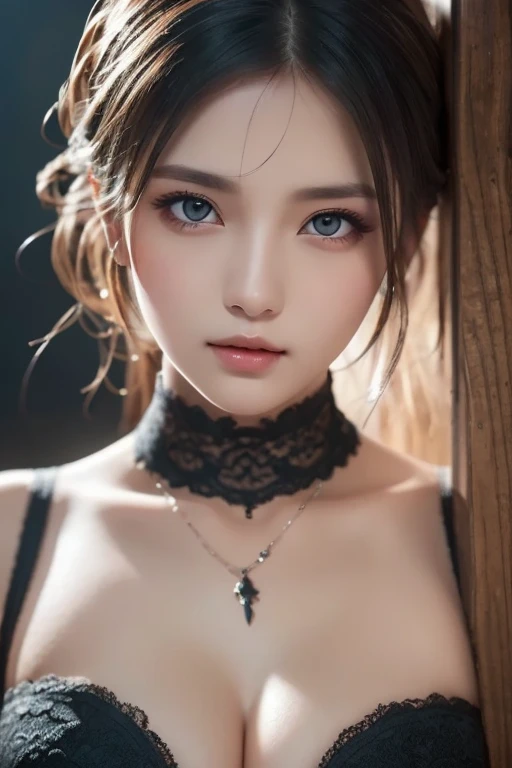 Amazing portrait of a sexy woman with a beautiful face with beautifully detailed eyes in a seductive gaze and beautifully detailed lips and extremely detailed eyes and face with long eyelashes with her pale skin turning pink with a smile on her lips with her messy bun hair tied in a black hairband wearing alluring earrings and black v-neck t-shirt emphasizing her long neck and her medium chest with cleavage and her captivating demeanor having an enchanting expression and tempting charm with captivating beauty and elegance as she poses seductively with her beguiling presence.