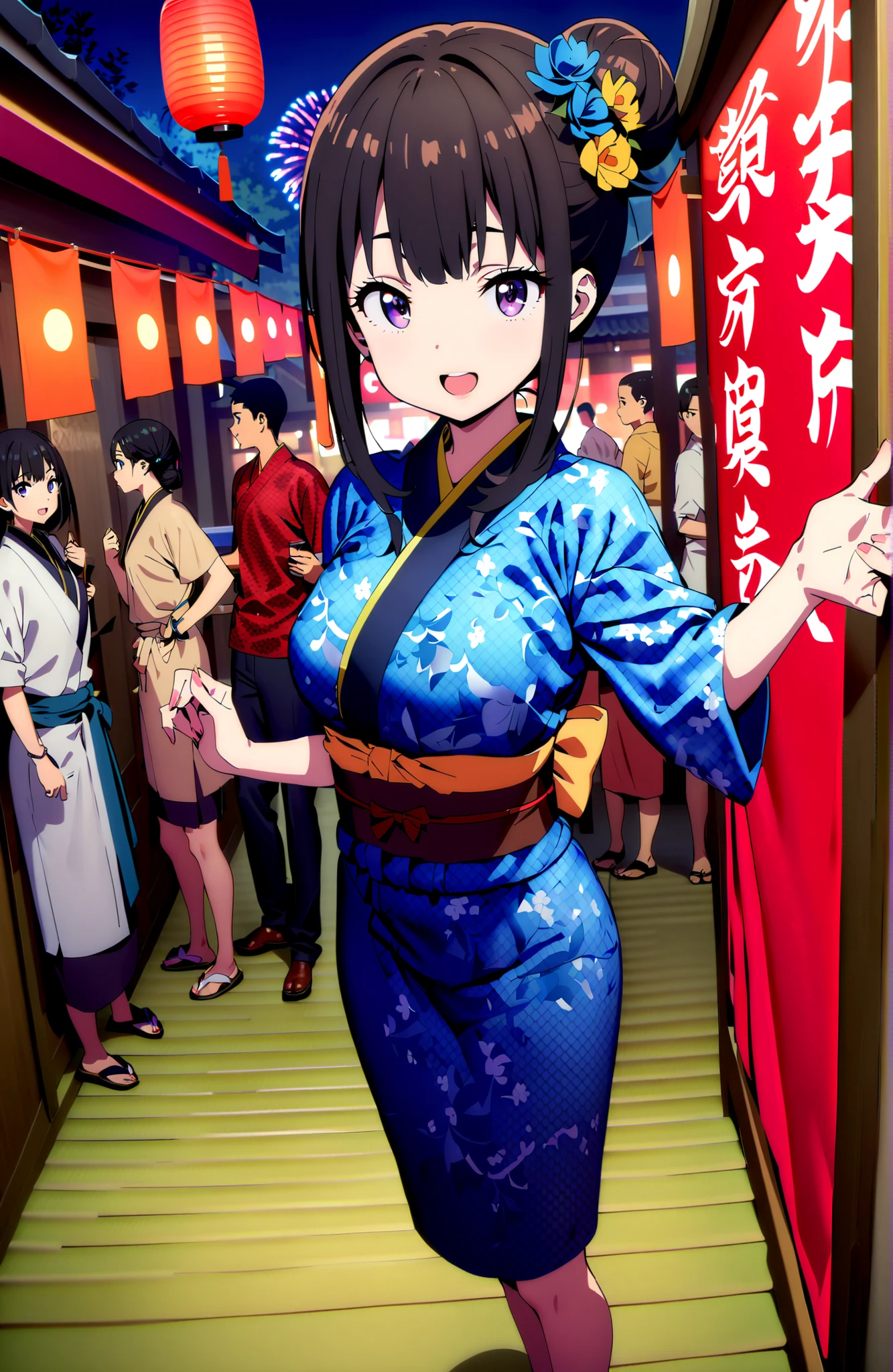 Takiuchikami, check it out, bungs, black hair with a young pattern, purple eyes,smile,cover,open your mouth,narrows her eyes,side lock,single bun hair,Medium breast,flower hair ornament,Blue flower pattern kimono,standing,Light up fireworks,Japanese stalls ,Red Lantern,night,full bodyがイラストに入るように,break outdoors, Japanese Festival,
break looking at viewer,full body,
break (masterpiece:1.2),Best Quality ,Kampala,unity 8k 壁紙,(shape:0.8),( fine and beautiful eyes :1.6),It's a person ,full body写真,CG Details , (perfect hand,complete anatomy),