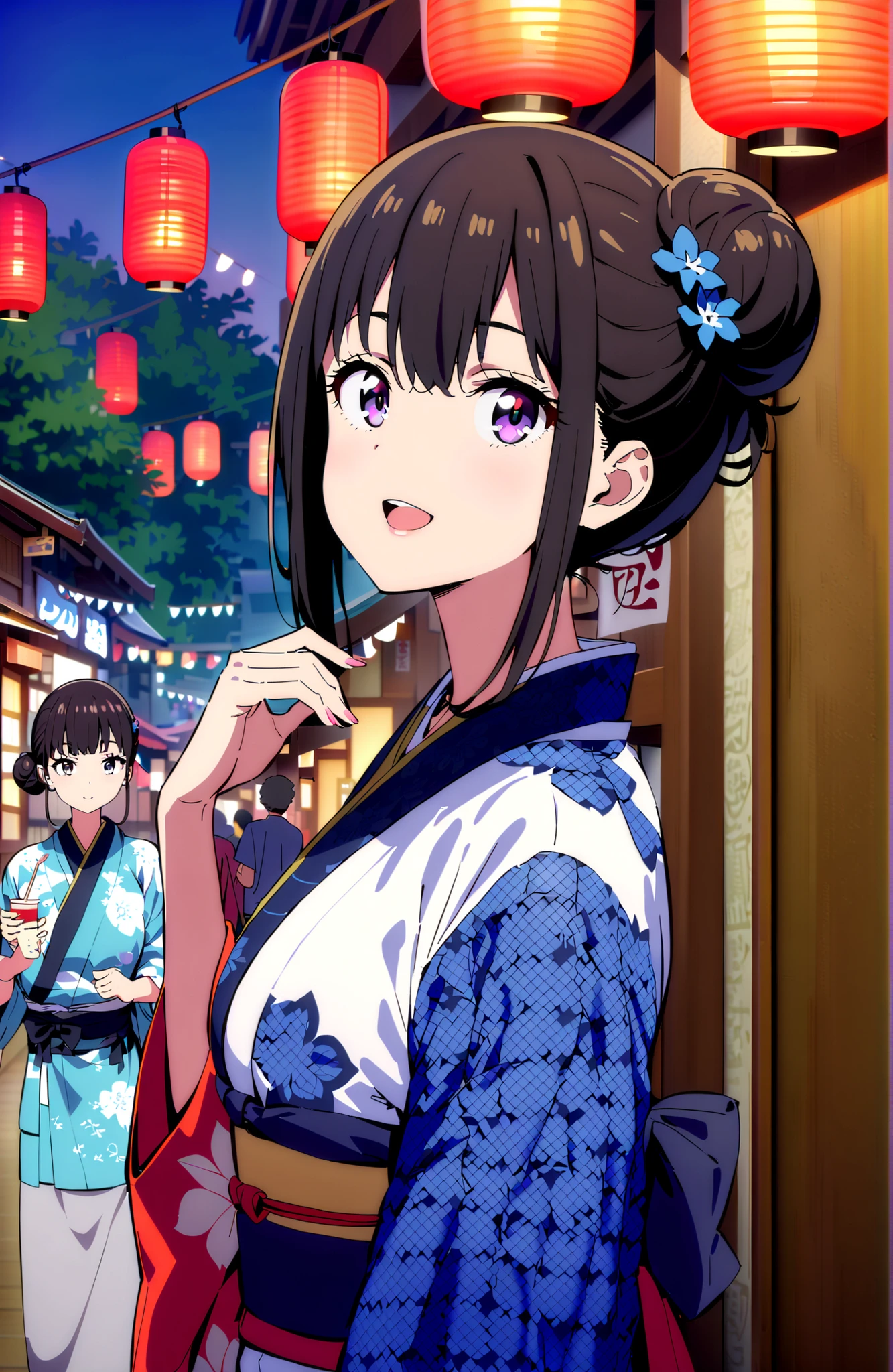 Takiuchikami, check it out, bungs, black hair with a young pattern, purple eyes,smile,cover,open your mouth,narrows her eyes,side lock,single bun hair,Medium breast,flower hair ornament,Blue flower pattern kimono,standing,Light up fireworks,Japanese stalls ,Red Lantern,night,full bodyがイラストに入るように,break outdoors, Japanese Festival,
break looking at viewer,full body,
break (masterpiece:1.2),Best Quality ,Kampala,unity 8k 壁紙,(shape:0.8),( fine and beautiful eyes :1.6),It's a person ,full body写真,CG Details , (perfect hand,complete anatomy),
